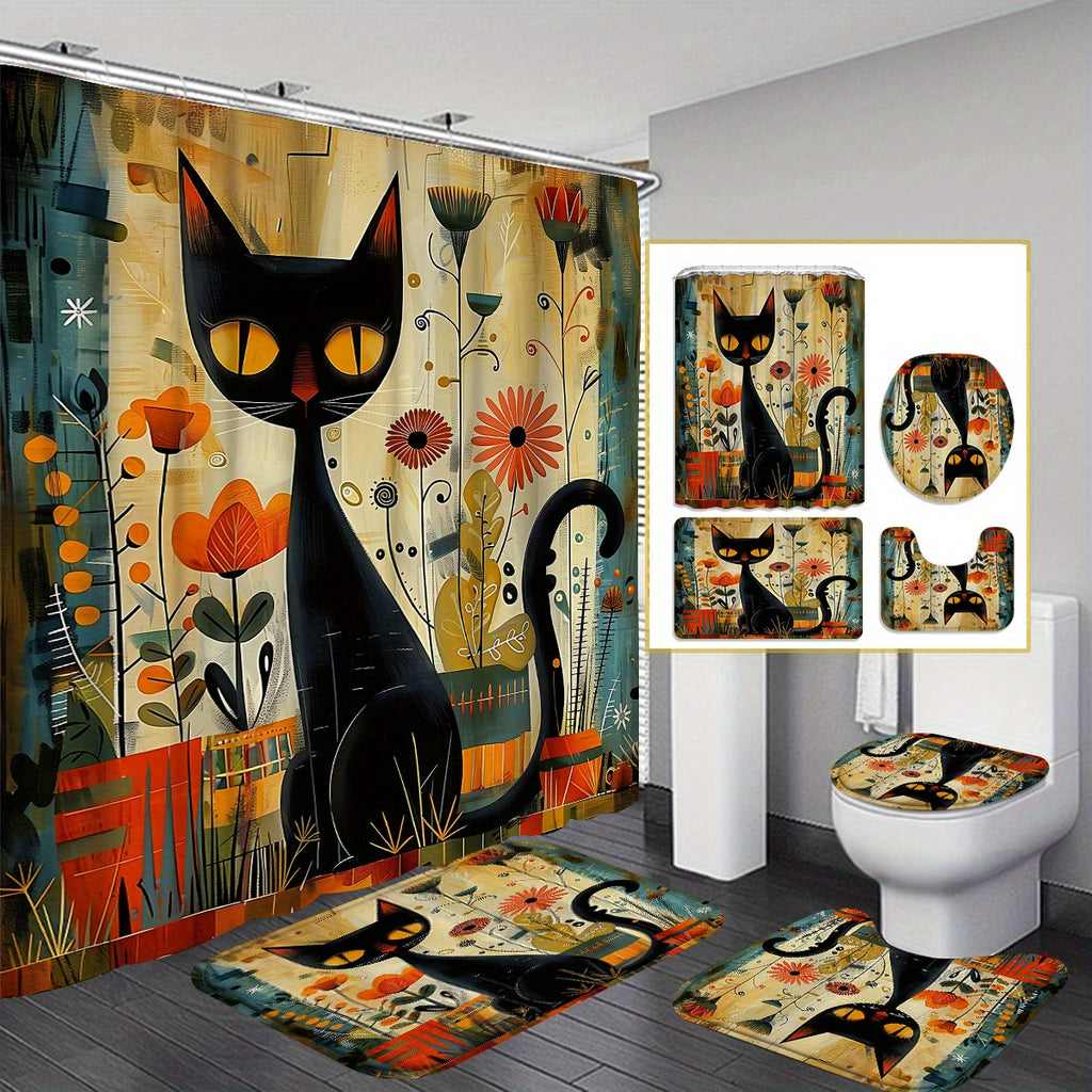 4pcs Black Cat Arts Theme Bathroom Set, Water-Resistant Polyester Shower Curtain with Non-Slip Rugs and Hooks, Woven Knit Fabric, All-Season Decor, Easy Wipe Clean