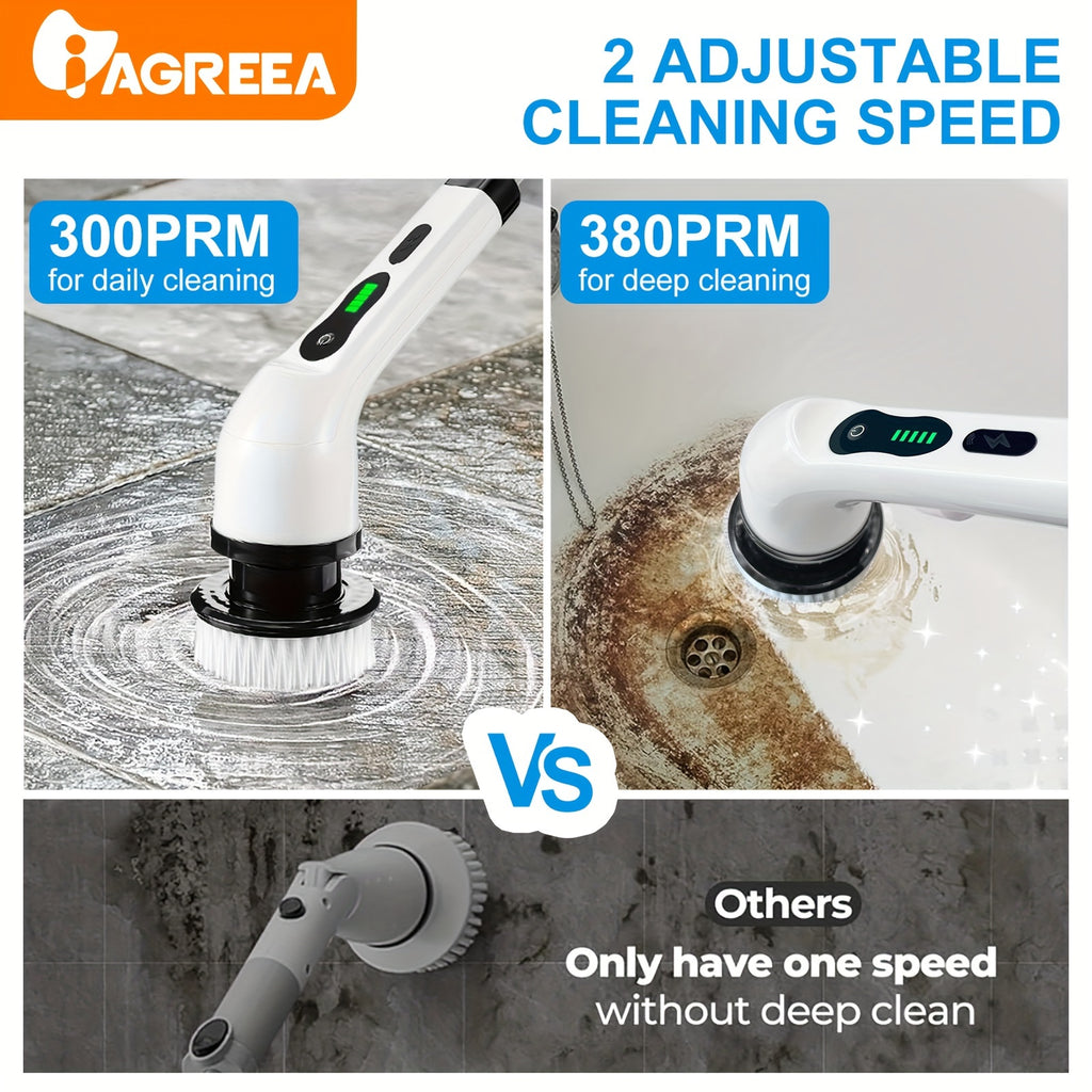 1Set Cordless Multi-Surface Electric Scrubber - 360° Rotary Action with 8 Brush Heads, Adjustable Handle - Versatile Cleaning for Bathrooms, Tiles & Floors