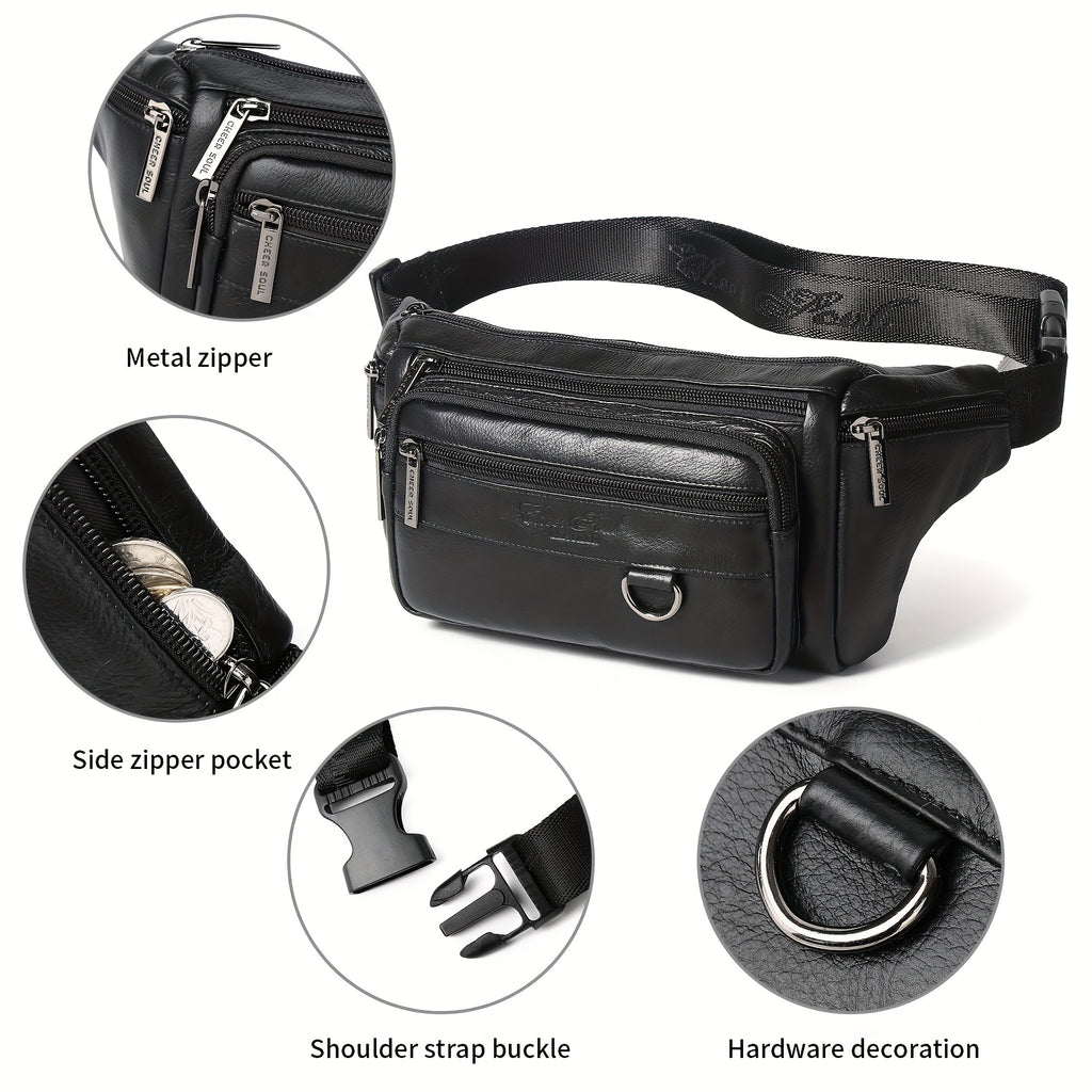 Genuine Leather Men's Waist Bag/Women's Multifunctional Hip Bag/Stylish Multi-Pocket Travel Sports Backpack for Hiking, Cycling, Fishing, And Running