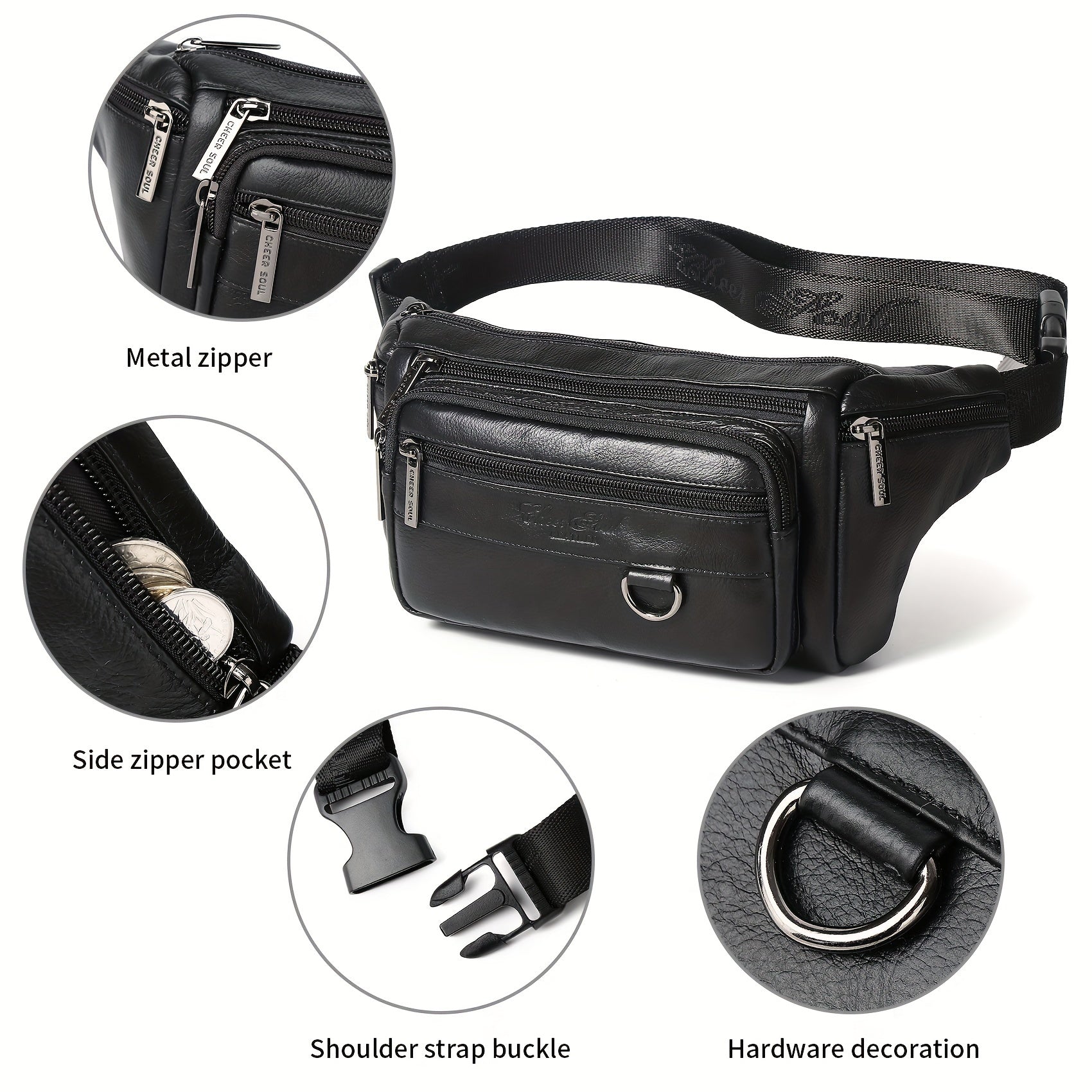 Genuine Leather Men's Waist Bag/Women's Multifunctional Hip Bag/Stylish Multi-Pocket Travel Sports Backpack for Hiking, Cycling, Fishing, And Running