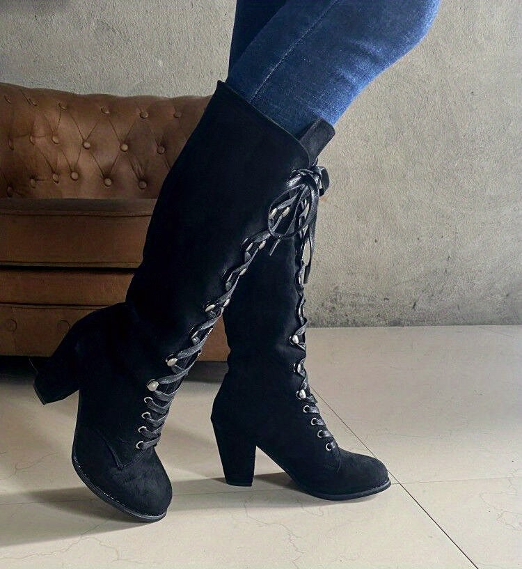 Women's Heeled Knee High Boots, Solid Color Lace Up Chunky Heeled Boots, Versatile Comfy Long Boots