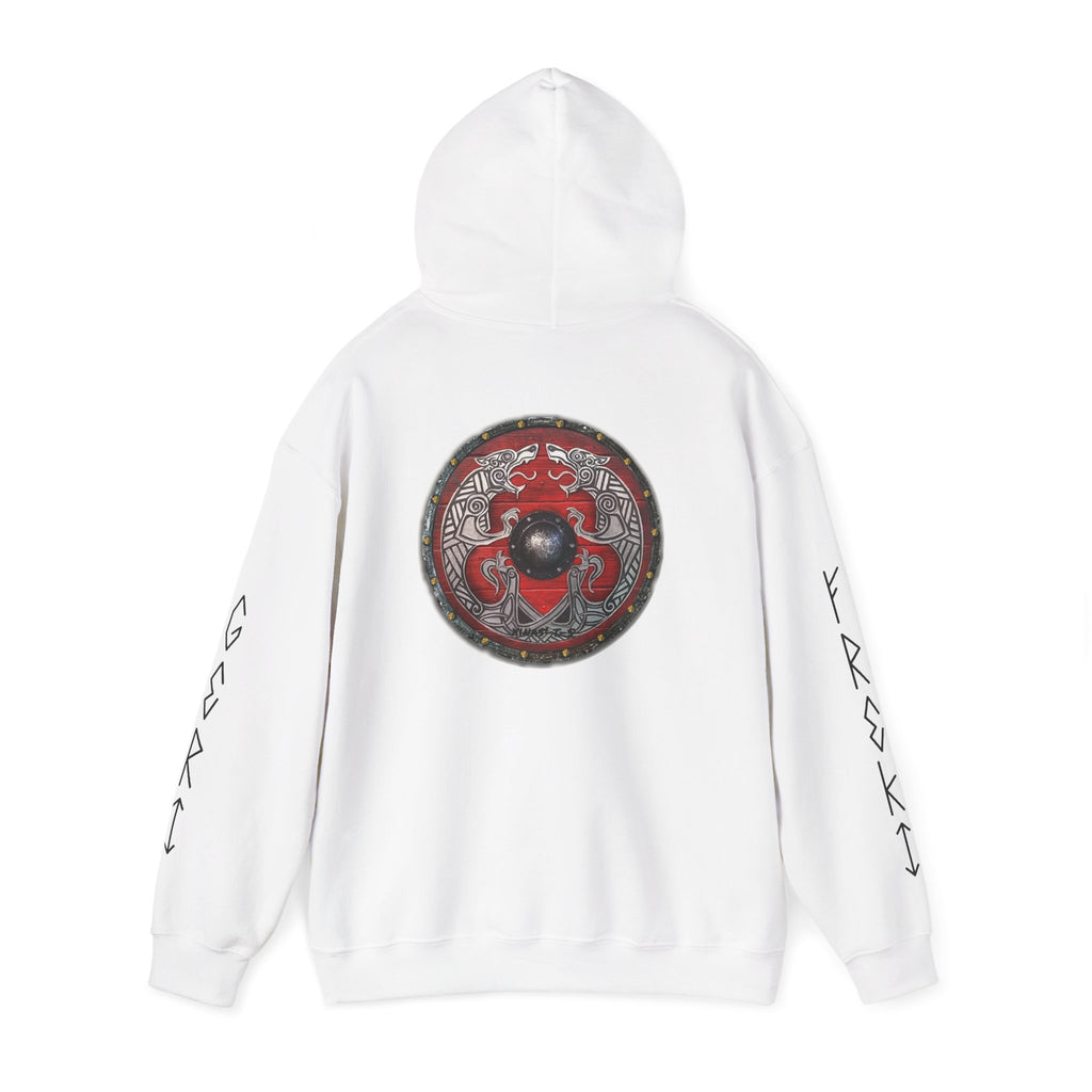 Viking Shield Hoodie — "Let’s Go Avikingri" Norse Rune Sleeve Pullover