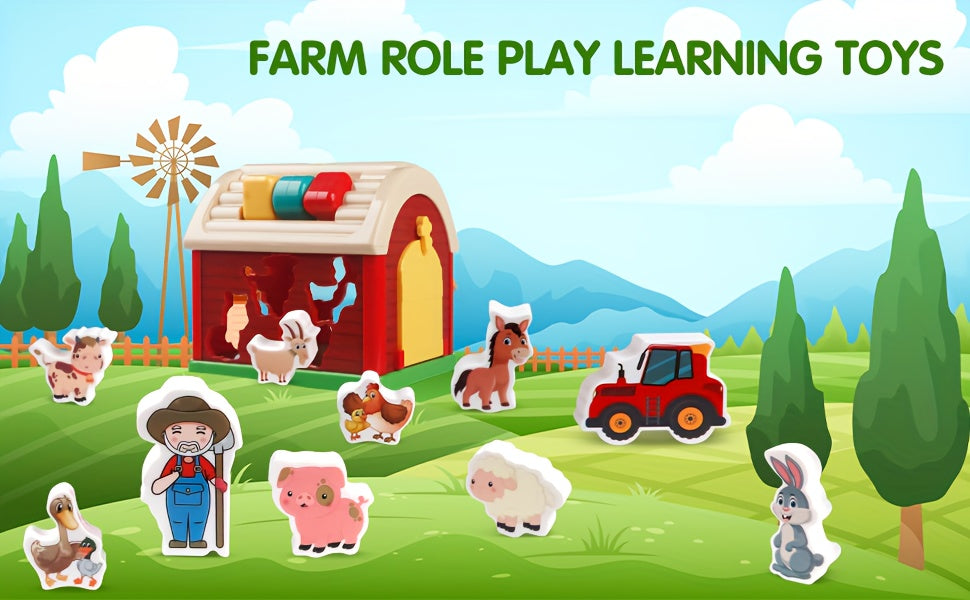 Big Red Take-Along Sorting Barn Toy with Handle, 10 Farm Play Pieces - Farm Toys, Shape Sorting & Stacking Learning Toys Christmas Birthday Gift for Youngsters Boys Girls Halloween Christmas Gift
