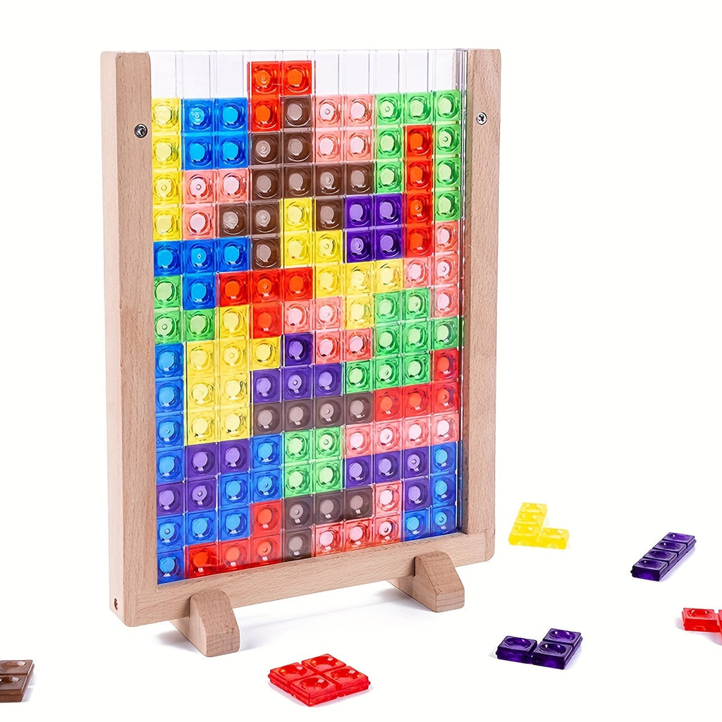 Wooden Blocks Puzzle Brain Teasers Toy, Intelligent Colorful 3D Plastic Blocks Game With Vertical Wood Frame Game Board, Tangram Educational Toys Gift For Kids Age 3+