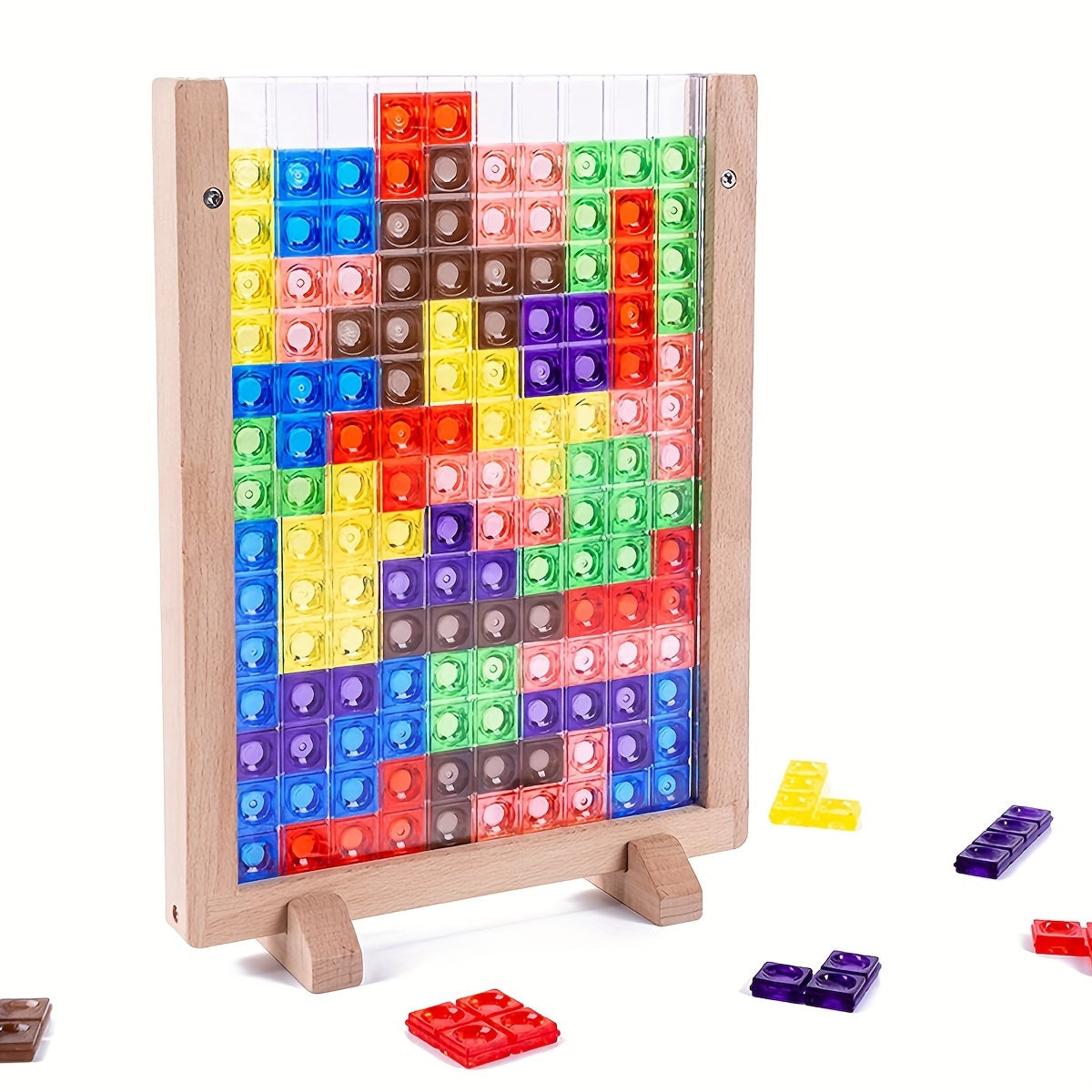 Wooden Blocks Puzzle Brain Teasers Toy, Intelligent Colorful 3D Plastic Blocks Game With Vertical Wood Frame Game Board, Tangram Educational Toys Gift For Kids Age 3+