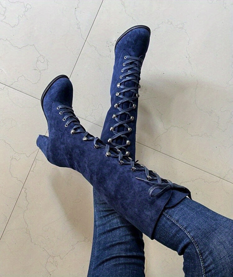 Women's Heeled Knee High Boots, Solid Color Lace Up Chunky Heeled Boots, Versatile Comfy Long Boots