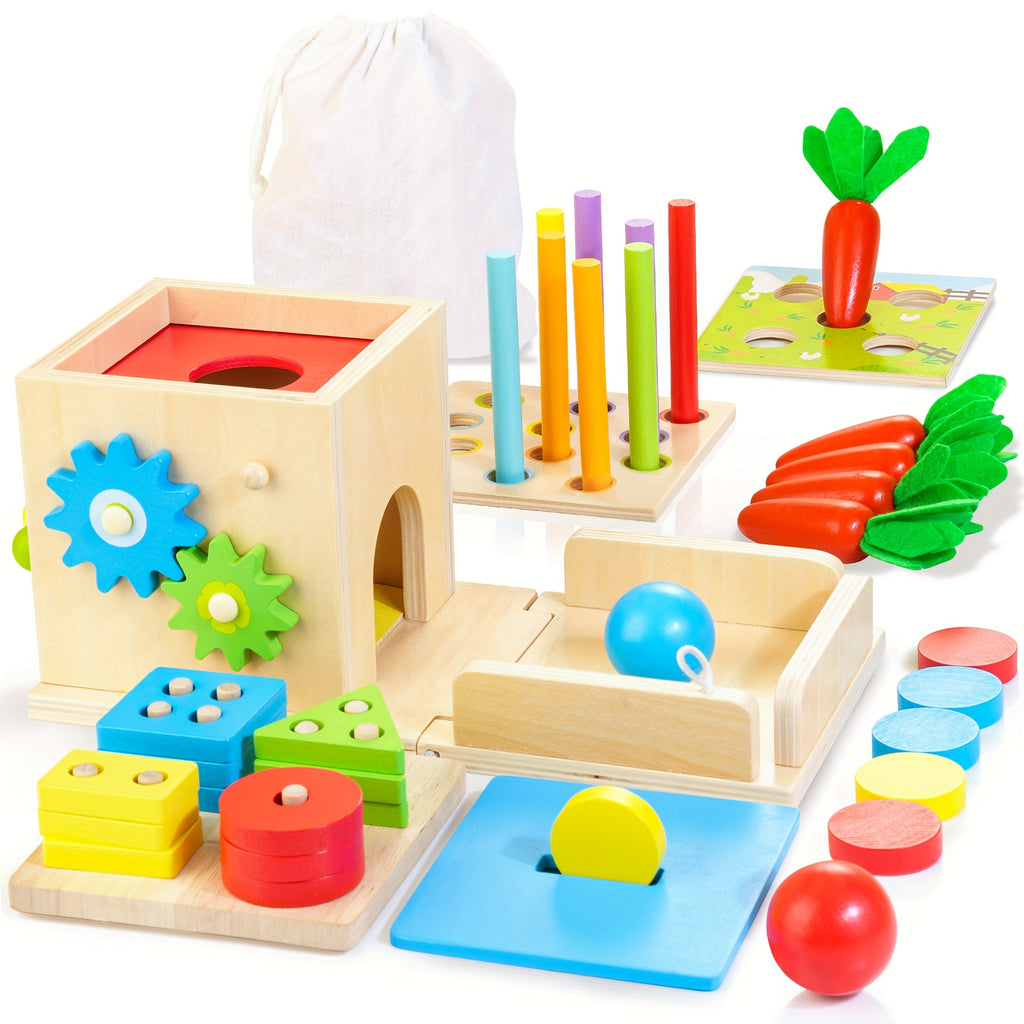Wooden Baby Toys, 8-in-1 Wooden Play Kit Includes Object Permanent Box, Coin Box, Carrot Harvest, Shape Sorting & Stacking - Christmas Birthday Gift for Boys Girls Toddlers