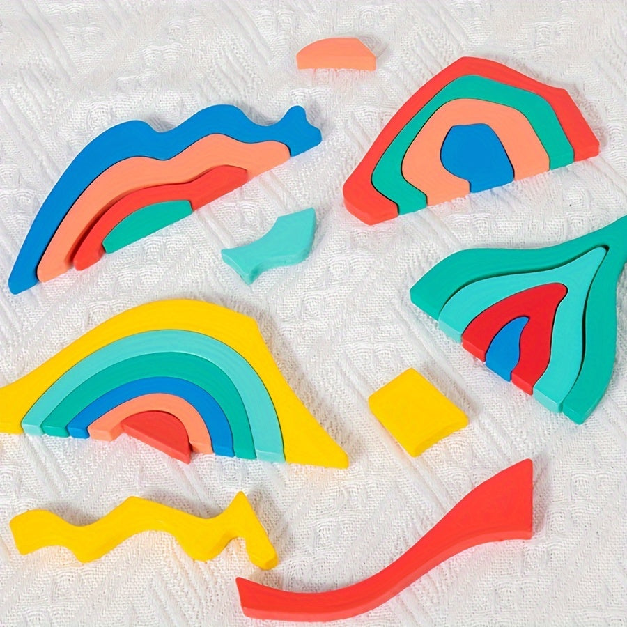 Four Creative Elements for Children: Wooden Boys and Girls, Early Education Rainbow Assembly, Building Blocks, Children's Fun Shapes, Colors, Cognitive Abilities, Puzzle Puzzle, Stacking Music Toys, Festival Gifts