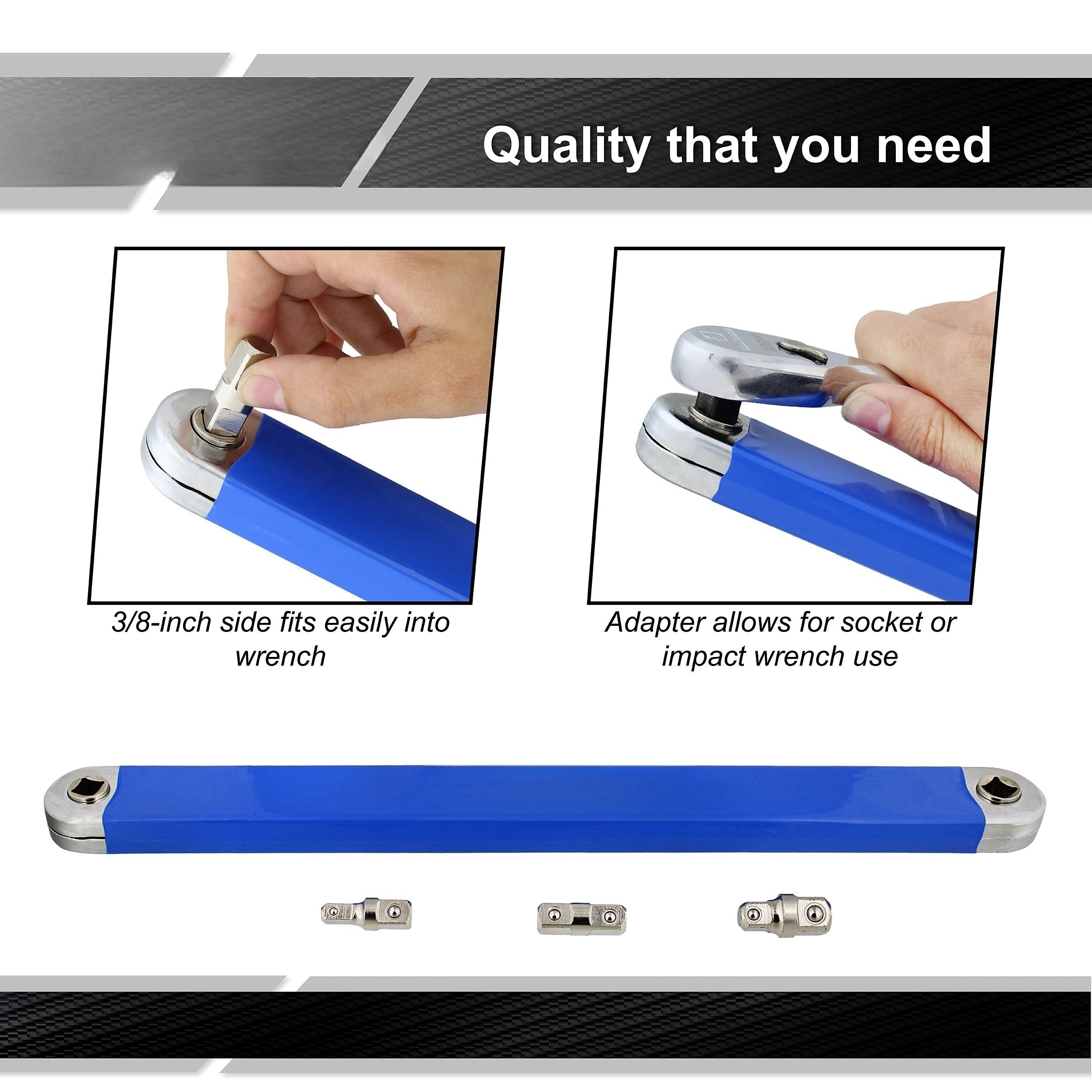 Heavy-Duty 15-Inch -Ready Offset Extension Wrench Set with 4 Adapters (1/4"/3/8"/1/2"/3/8" Drive)