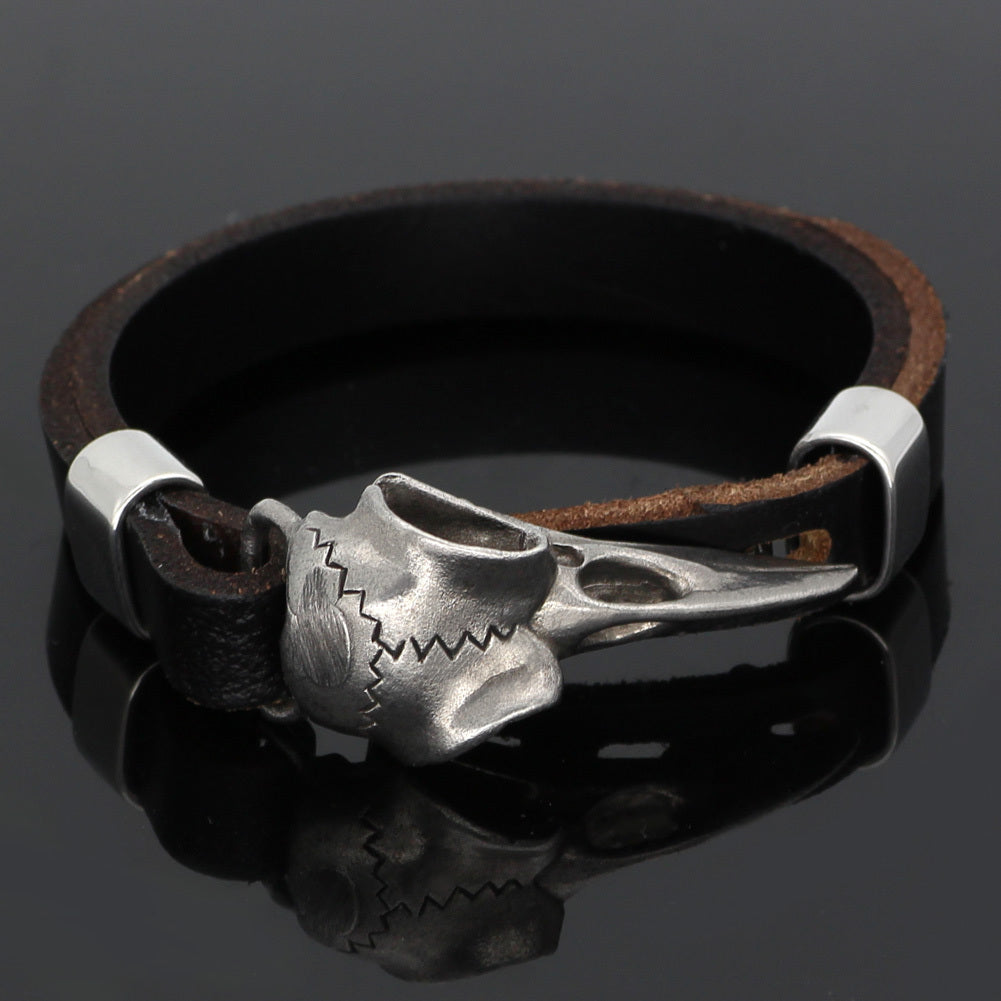 Viking Stainless Steel Crow Skull Bracelet - 304 Stainless Steel Norse Odin Jewelry with Intricate Detailing, Durable Men's Amulet Accessory for Casual & Formal Wear