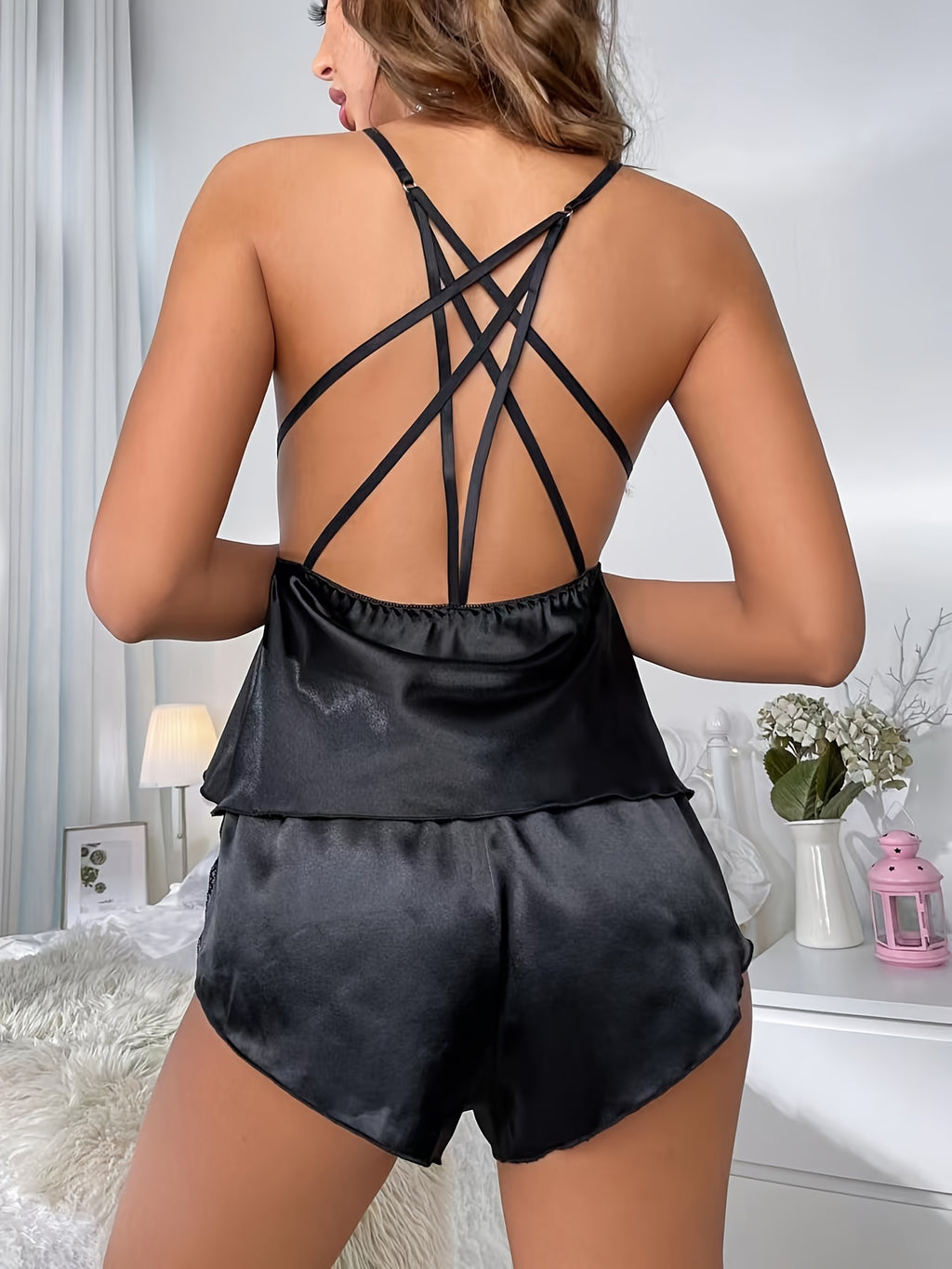 Y383 European Style Sexy Lace Color Patchwork Beautiful Back Pajama Set