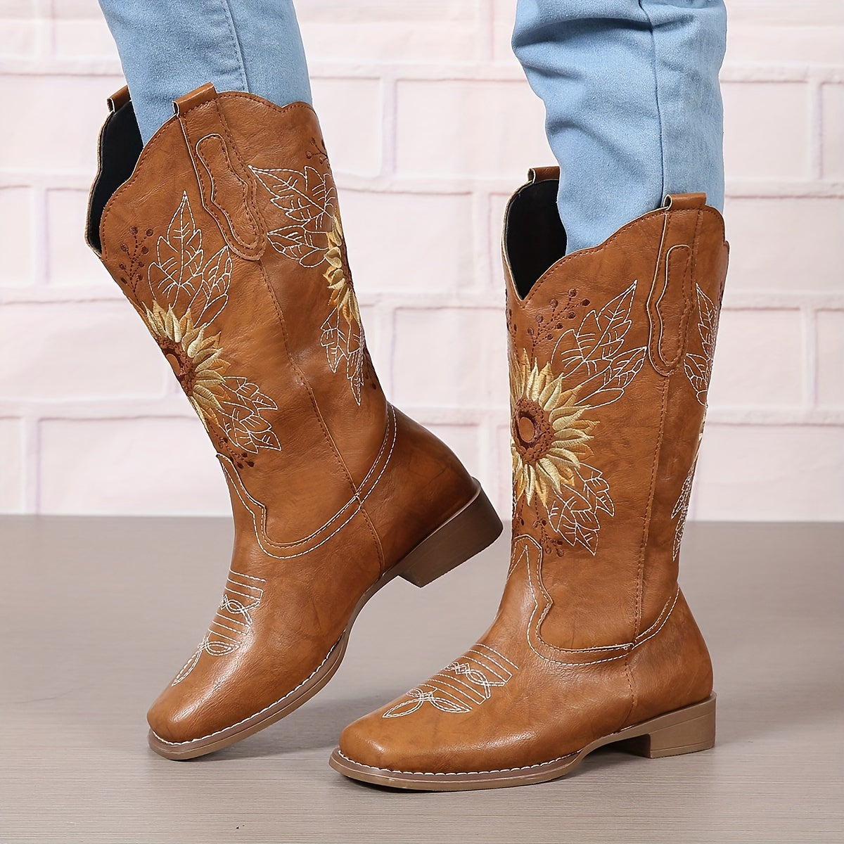 Women's Embroidered Mid Calf Western Boots, Faux Leather Fashion Boots, Women's Footwear