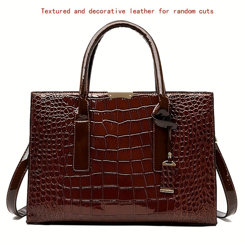 Crocodile Embossed Handbag, Trendy PU Leather Top Handle Purse, Women's Solid Color Shoulder Bag