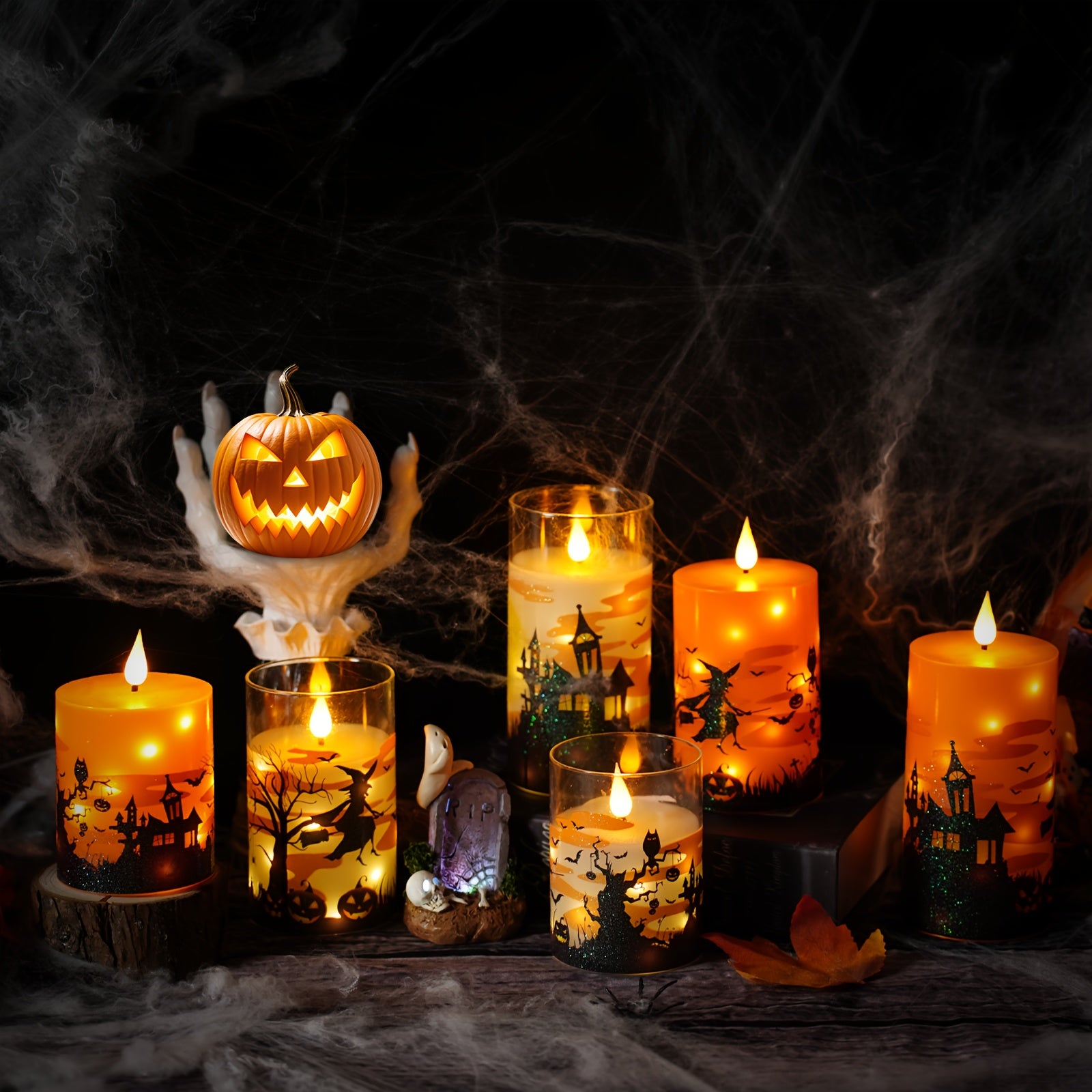 NIMIKO Halloween Limited Edition 3-Pack Built In Star Light String Battery Powered Smokeless Candles with Remote Control Timer Suitable for Festive Atmosphere Decoration Halloween Gifts Bedroom Decoration Home Decoration Para