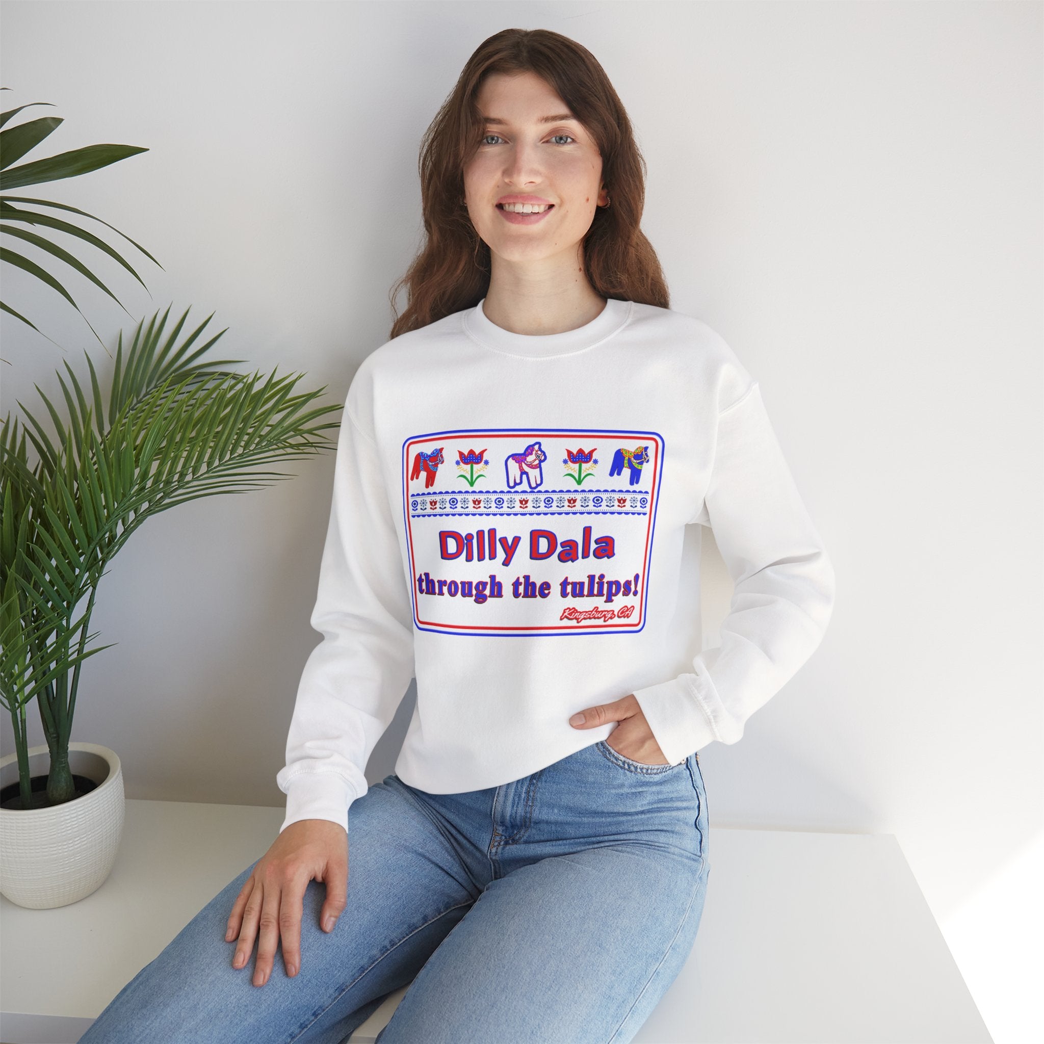 Crewneck Sweatshirt — "Dilly Dala Through the Tulips" Floral Folk Art Design