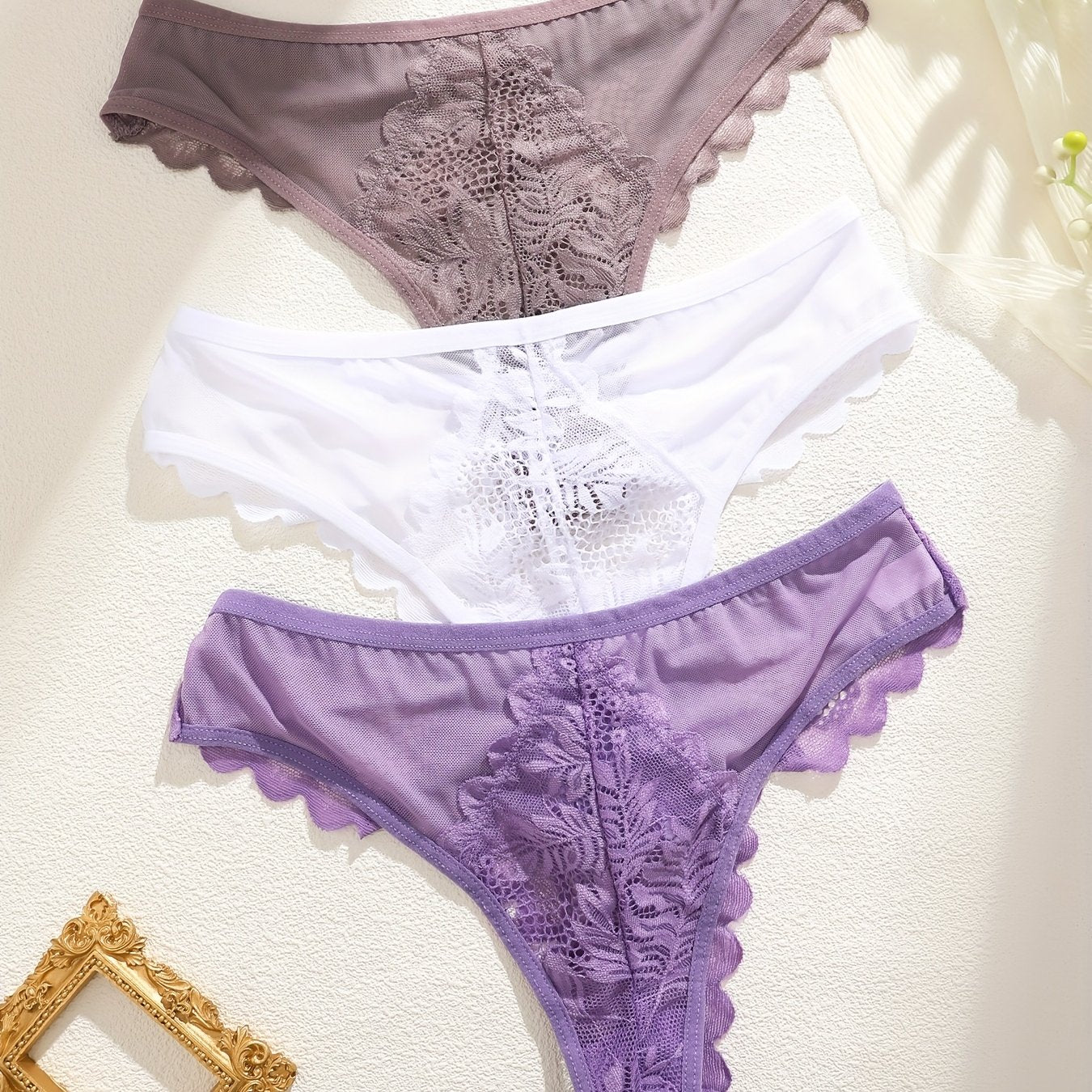 [Soft Lace, Elegant Thongs] 3pcs Women's Soft Lace Elegant Thongs