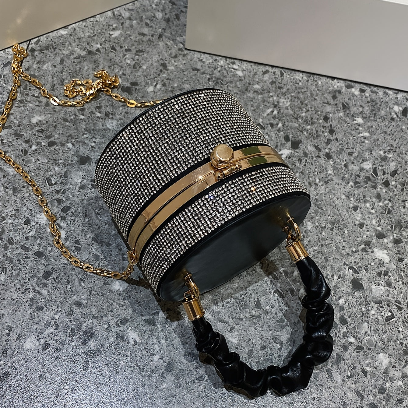 Mini Allover Rhinestone Handbag, Ruched Detail Evening Bucket Bag,