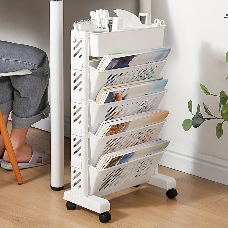 1pc Five-Level Movable Bookshelf, Desk Side Shelf, Floor Cart with Pen Holder for Office Study Supplies Storage and Document Storage