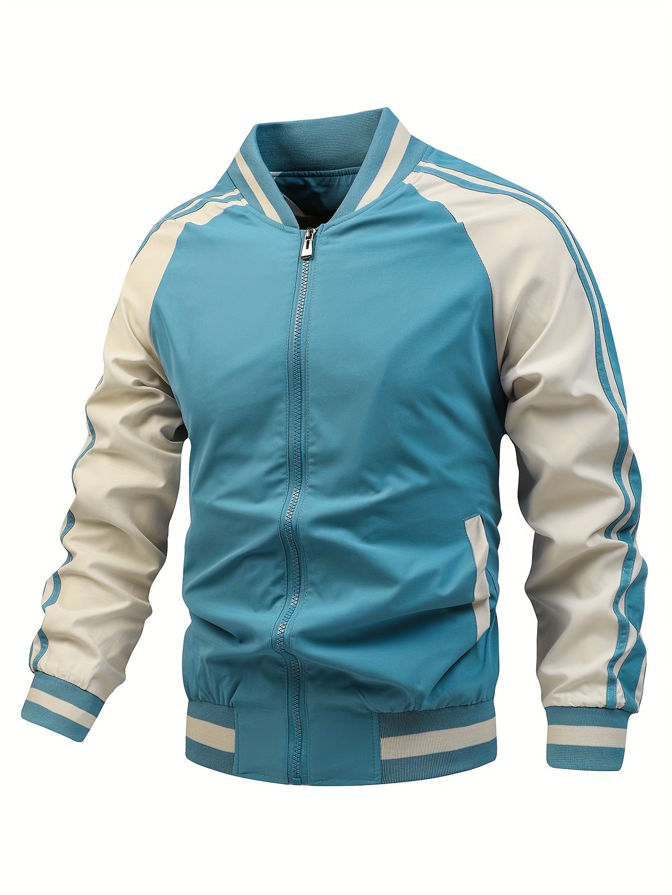 Men's Color Block Graphic Sports Jacket, Casual Striped Zip Up Varsity Jacket For Outdoor Fall Winter