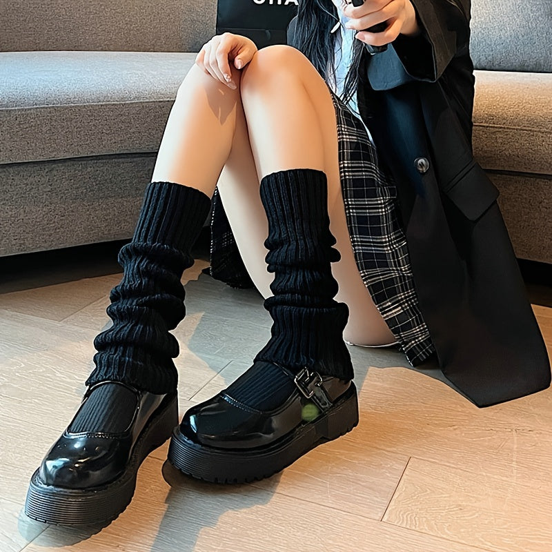 Trendy Harajuku Knee-High Leg Warmers for Women – Chic Ribbed Knit, Durable Solid Color Stockings
