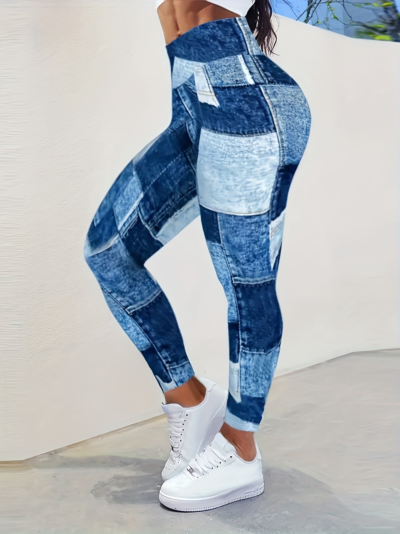 Yoga Fitness Leggings, Plaid Panel Denim Print High Waist Sports Pants, Women's Activewear