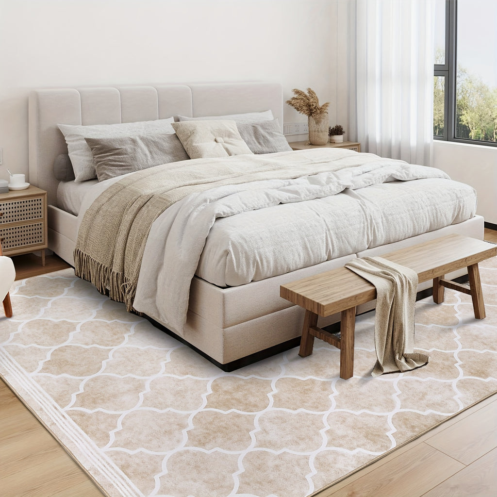 1 pc Area Rug Living Room Carpet Large Moroccan Soft Fluffy Geometric Washable Bedroom Rugs Dining Room Home Office Low Pile Decor Under Kitchen Table, Light Brown