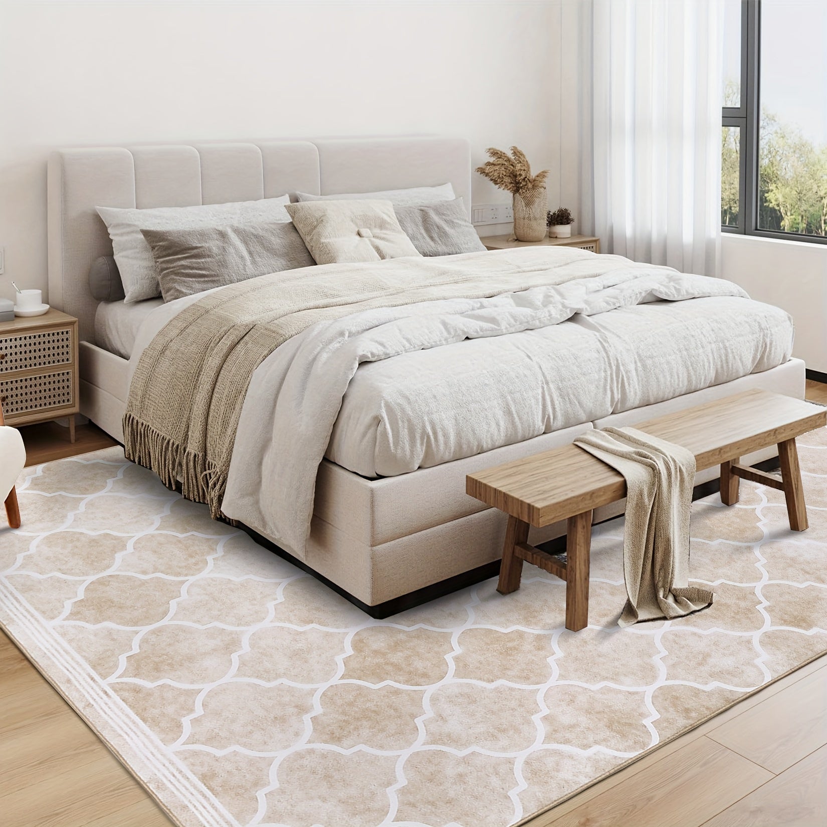 1 pc Area Rug Living Room Carpet Large Moroccan Soft Fluffy Geometric Washable Bedroom Rugs Dining Room Home Office Low Pile Decor Under Kitchen Table, Light Brown