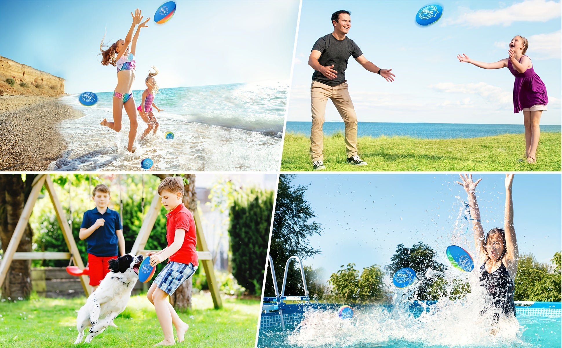 Billeeit Water Skipping Balls Set for Pool Play, Include 1 Rugby, 2 Balls and 2 Discs, Rainbow Color Splash Water Bouncing Balls, Fun Beach Toys & Games, Summer Gift for Kids 3+ 4-8-12 and Adults