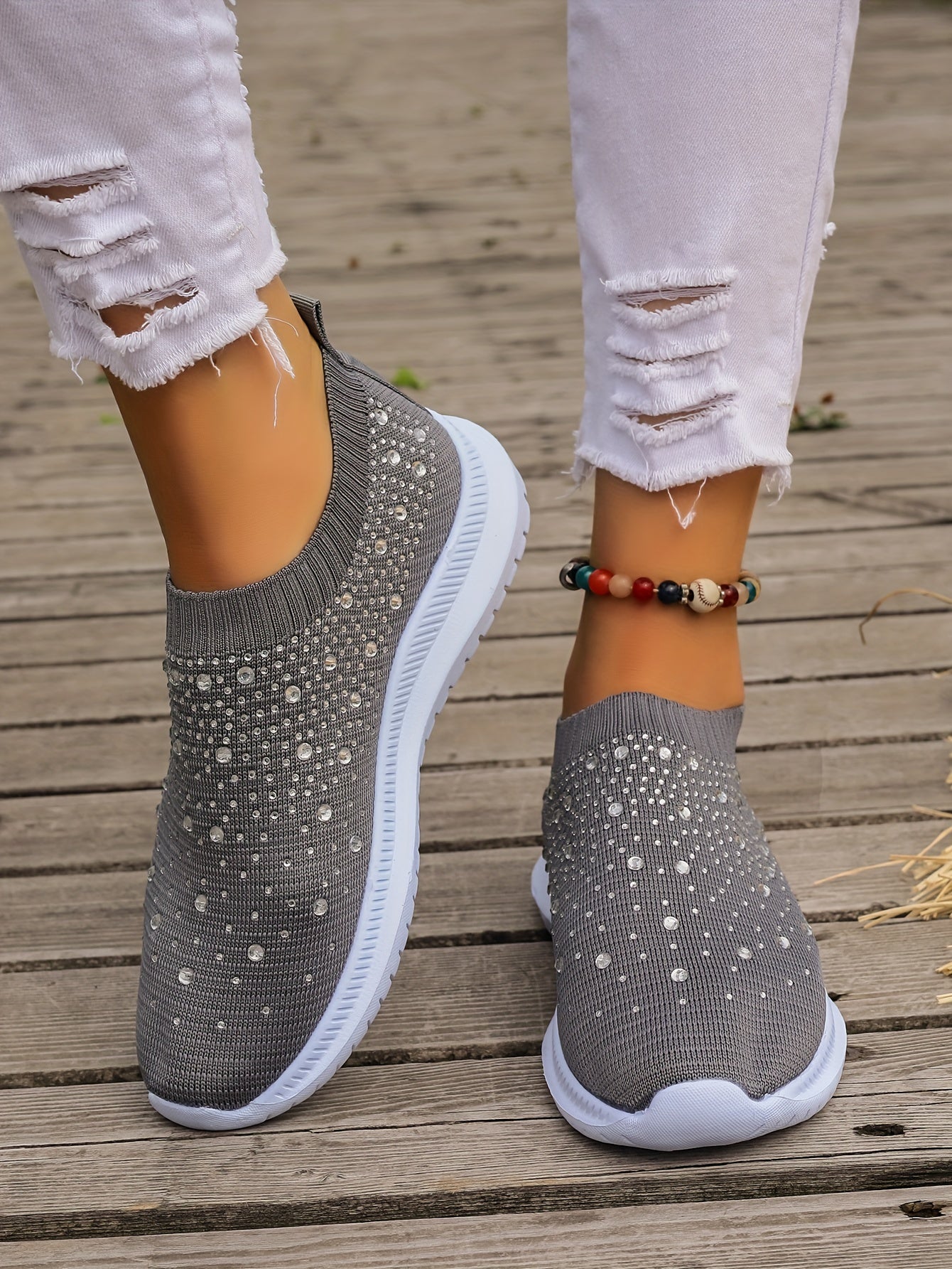Women's Rhinestone Decor Slip-on Sneakers, Fly Woven Sports Shoes, Breathable Low Top Walking Shoes For Music Festival