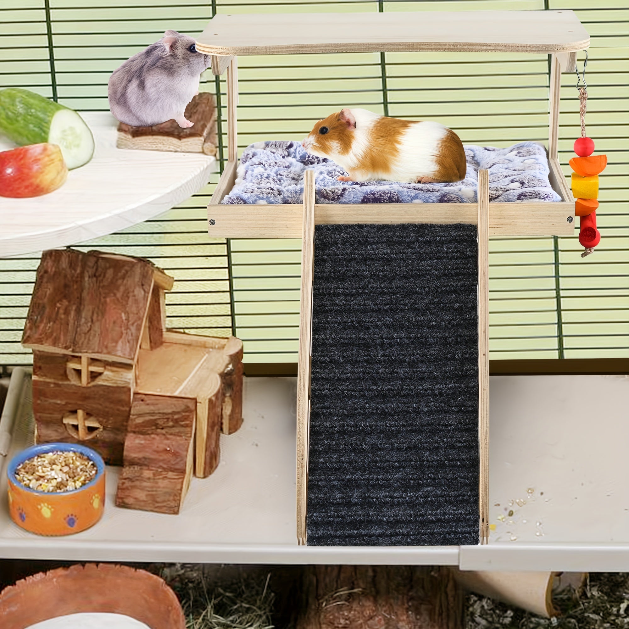 Guinea Pig Hideout, Natural Wooden Castle Small Animal Houses Habitats for Hamster Chinchilla Rat Guinea Pig Bed with Chew Toys Stairs Mat Little Pets Hut Playing Sleeping Hiding