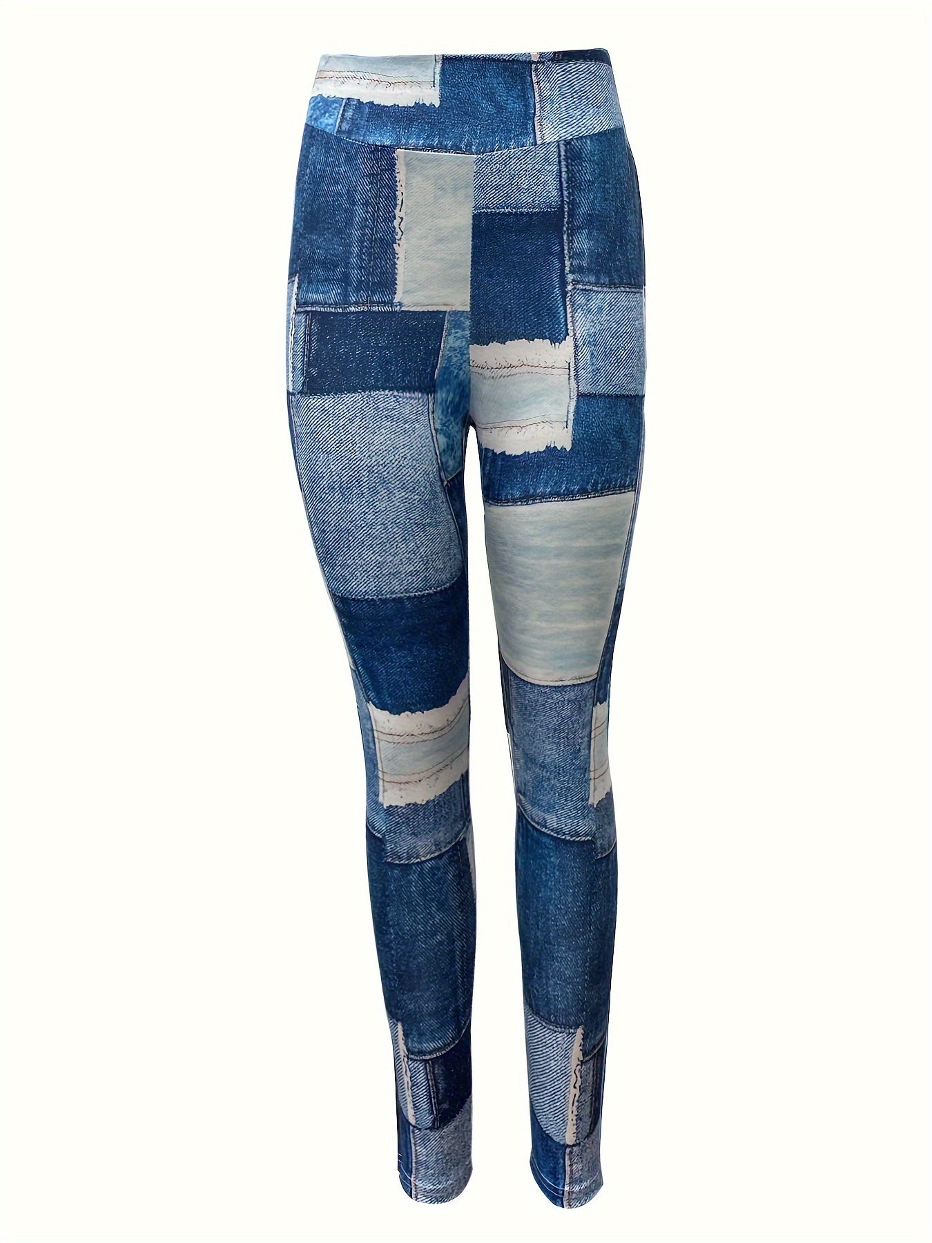 Yoga Fitness Leggings, Plaid Panel Denim Print High Waist Sports Pants, Women's Activewear