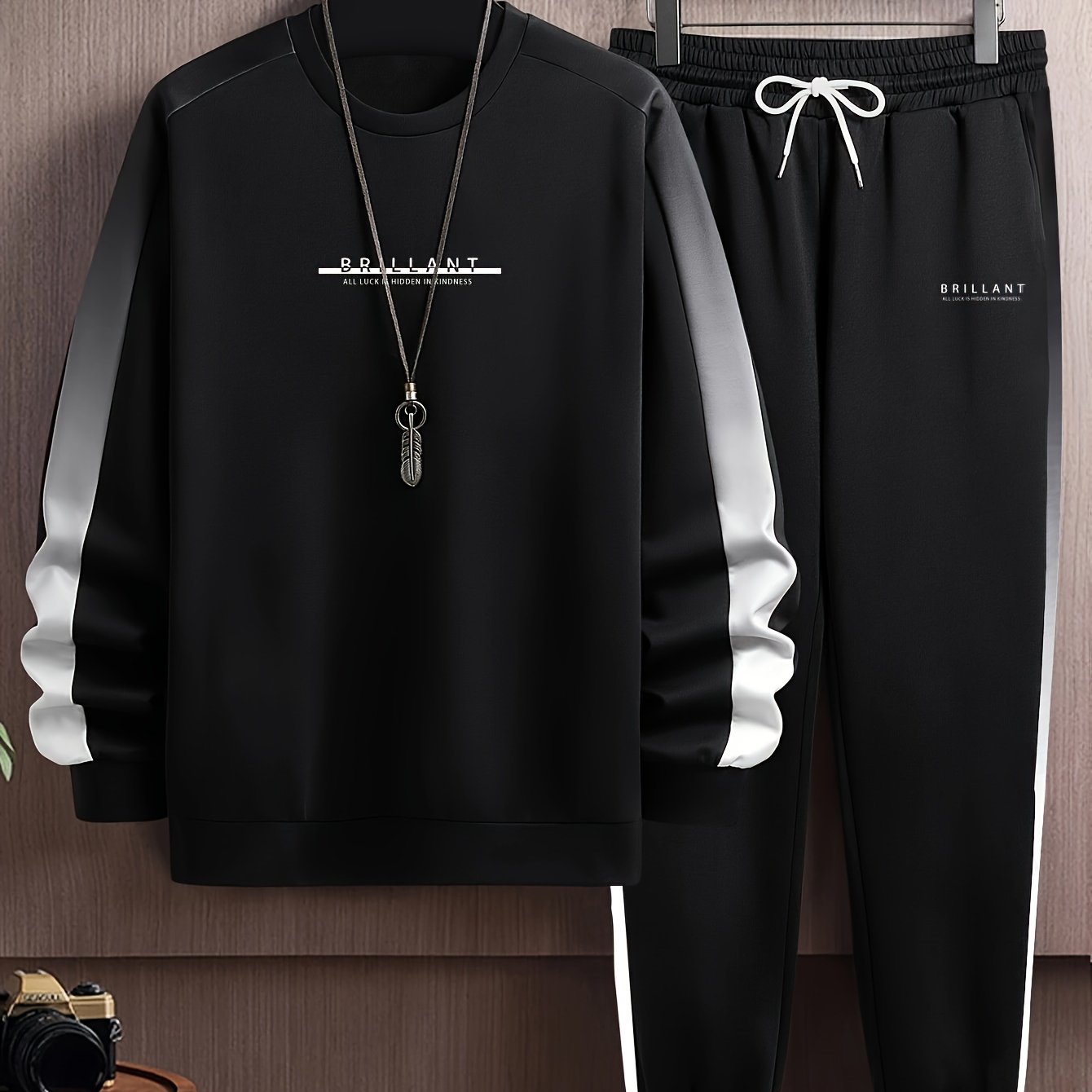 Plus Size Men's Contrast Color Sweatshirt & Sweatpants Set For Spring/autumn, Sports/outdoor Casual 2Pcs Outfits For Males, Men's Clothing