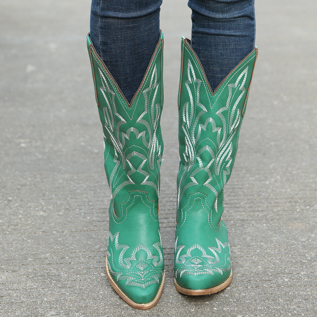 [Retro Cowgirl Boots] Retro Style Women's Western Mid Calf Boots | V-cut Embroidery Cowgirl Boots, Pointed Toe Slip On Shoes
