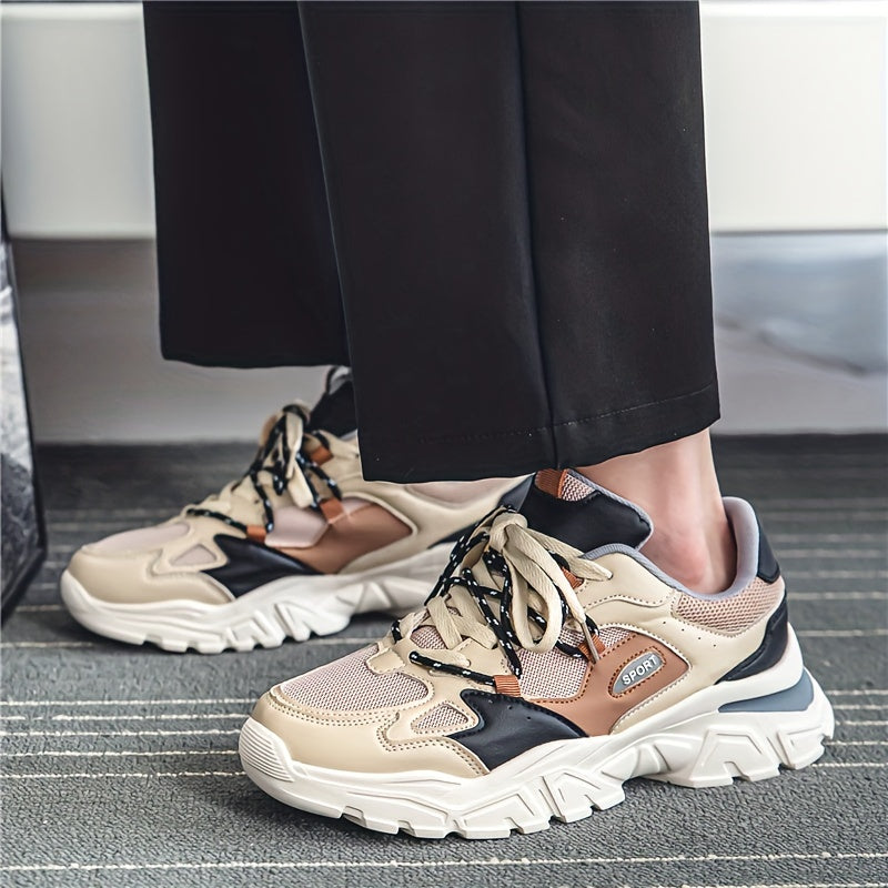 Vintage Round Toe Lace-up Chunky Sneakers - Shock-Absorbing, Breathable, and Comfortable Athletic Shoes for Men - Perfect for Sports and Casual Wear in Fall, Spring, and Summer