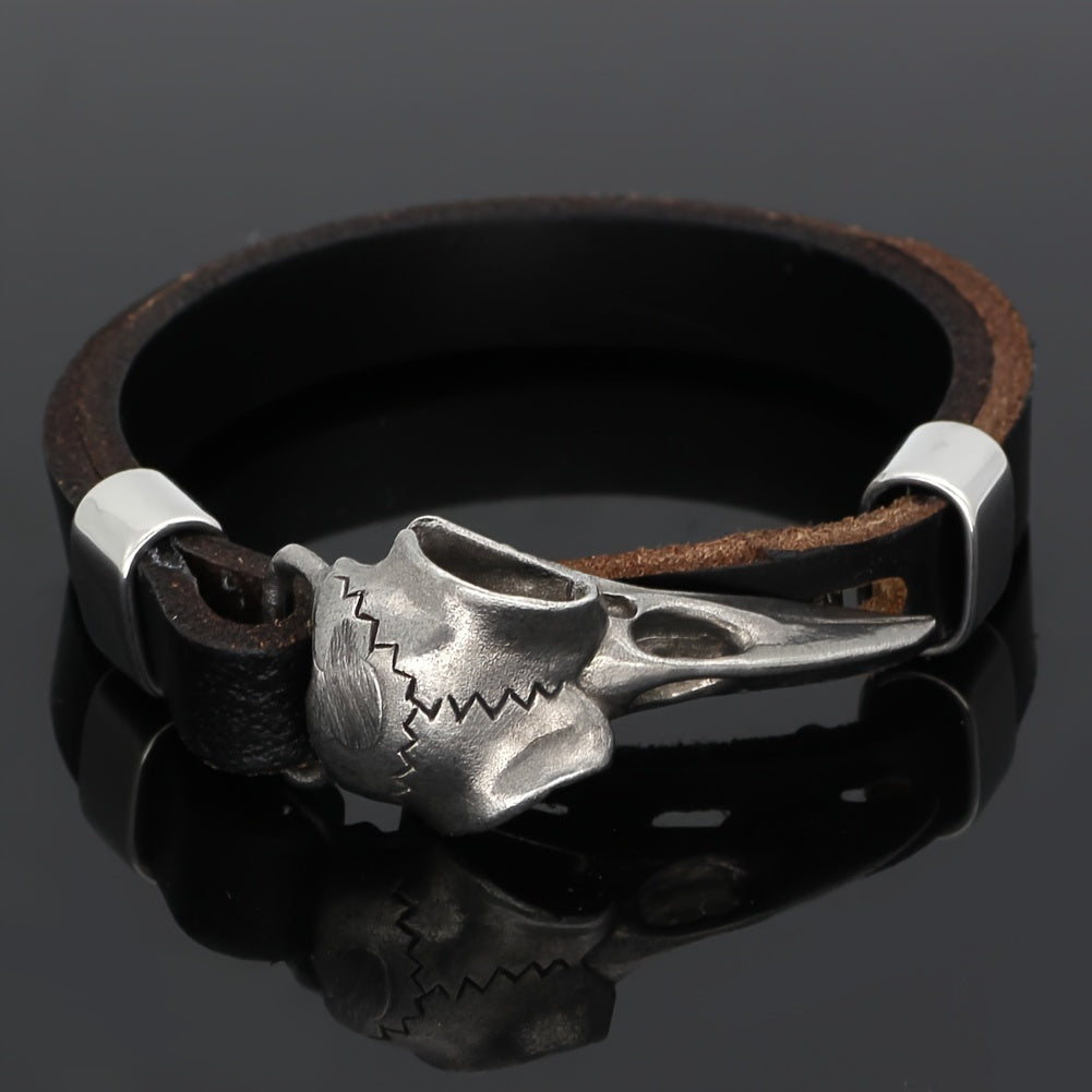 Viking Stainless Steel Crow Skull Bracelet - 304 Stainless Steel Norse Odin Jewelry with Intricate Detailing, Durable Men's Amulet Accessory for Casual & Formal Wear