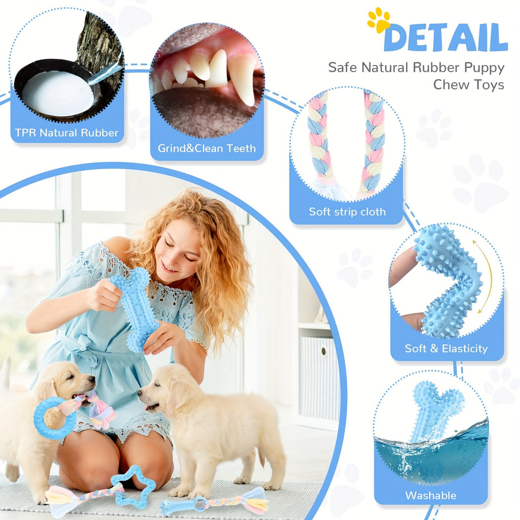 6pcs Puppy Teething Toys for Small Dogs - Cute Soft Rubber Chew Set with Rope, Interactive Bone Toys for Dental Health & Play