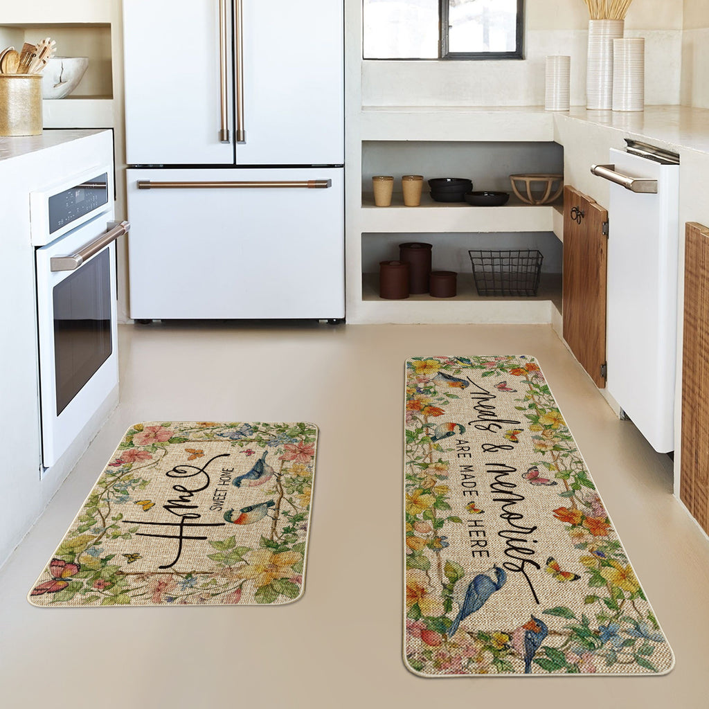 Sm:)e Mode Bird Flowers Home Sweet Home Spring Bathroom Rugs Set of 2, Summer Home Decor Low-Profile Rugs for Floor - 17x29 and 17x47 Inch