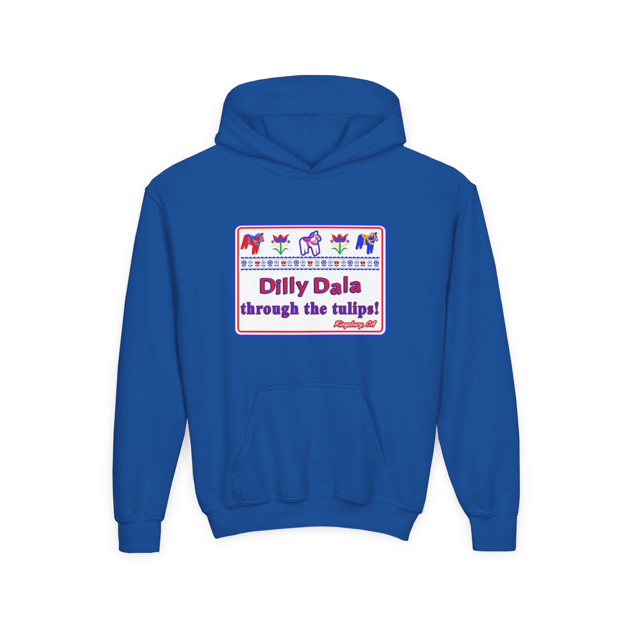 Youth Hoodie - "Dilly Dala Through the Tulips" Cute Tulip & Dala Horse Design