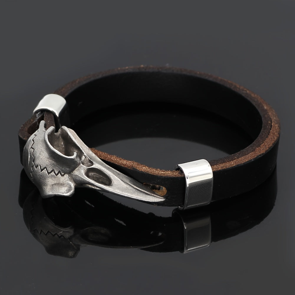 Viking Stainless Steel Crow Skull Bracelet - 304 Stainless Steel Norse Odin Jewelry with Intricate Detailing, Durable Men's Amulet Accessory for Casual & Formal Wear