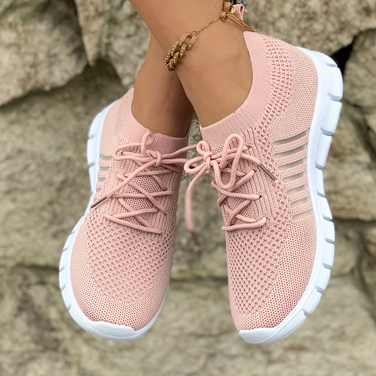 Women's Lightweight Knit Sneakers, Breathable Low-Top Lace-Up Casual Running Footwear, Fabric Upper and PU Cover Sole, Vibrant Color Sneakers, Versatile Running Shoes