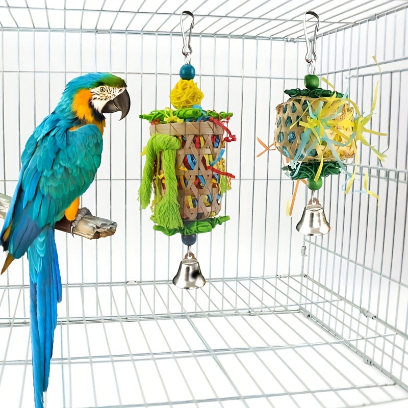 3pcs Vibrant Parrot Chew Toys with Natural Woven Perch - Colorful Hanging , Bird Toys
