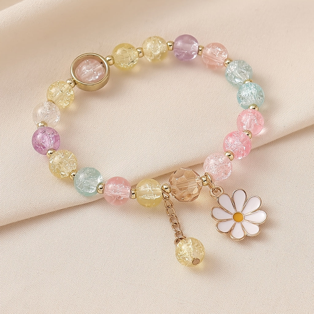 [For Women Elastic Daisy Pendant] Summer Style Cracked Glass Beaded Daisy Pendant Bracelet Elastic Hand String For Women