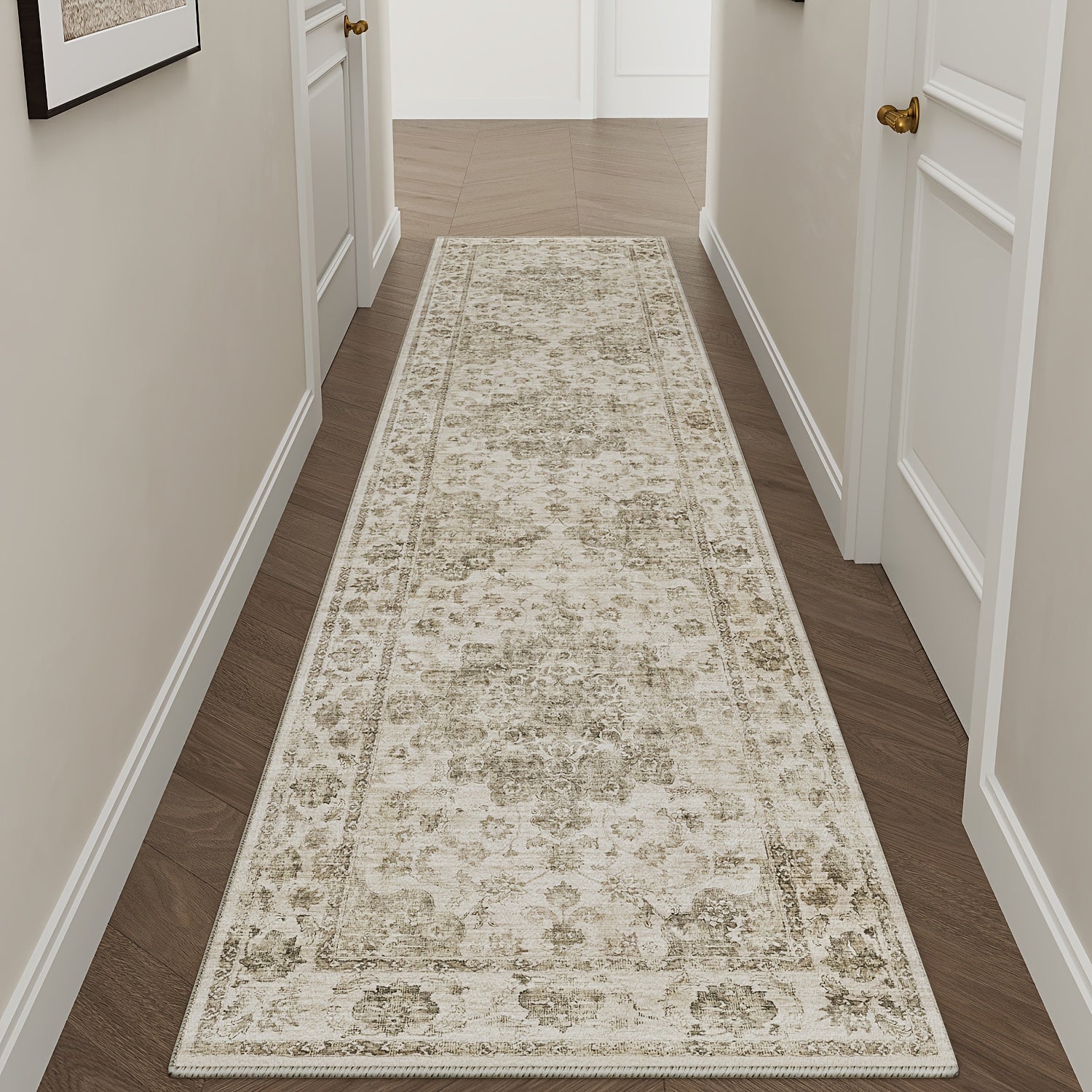 Extra Large Modern Beige & Brown Floral Mat - Thickened Anti-Slip Light Beige-Friendly Large Area Mat, Machine Washable & Wear-Resistant, Beige/Brown/ /Gray Tones, Soft & TPR Backing for Living Room, Bedroom, Hallway - Jumbo