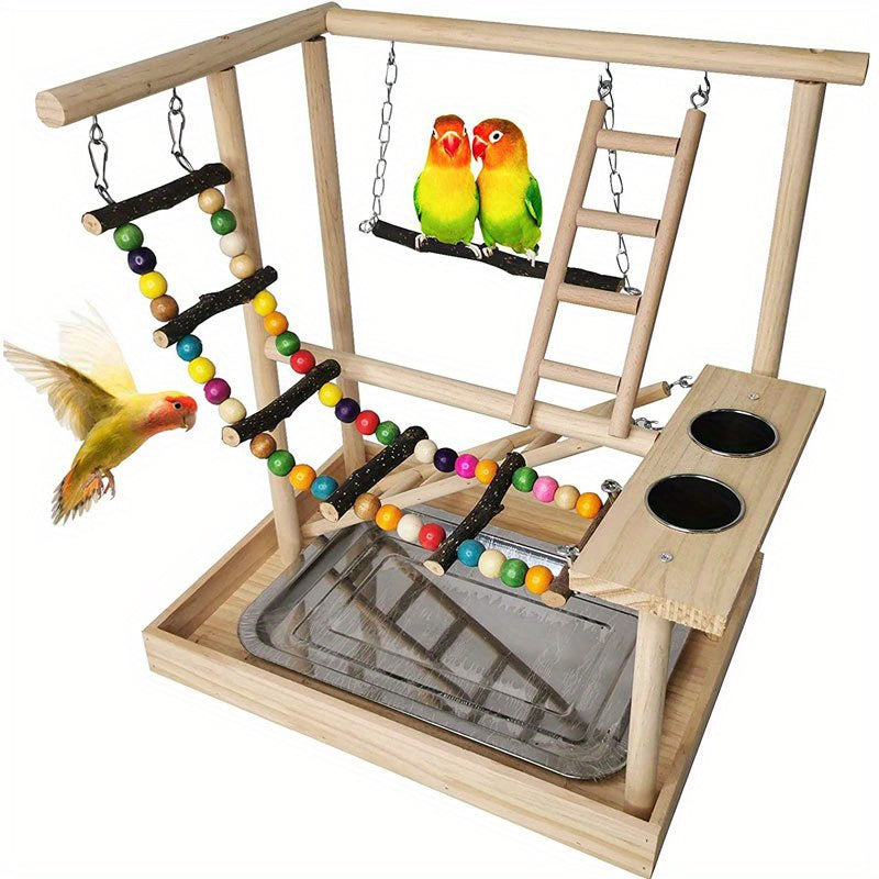 Deluxe Wooden Parrot Playstand with Climbing Ladder, Swing & Chew Toys -