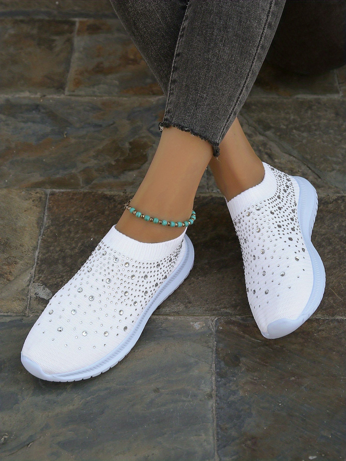 Women's Rhinestone Decor Slip-on Sneakers, Fly Woven Sports Shoes, Breathable Low Top Walking Shoes For Music Festival