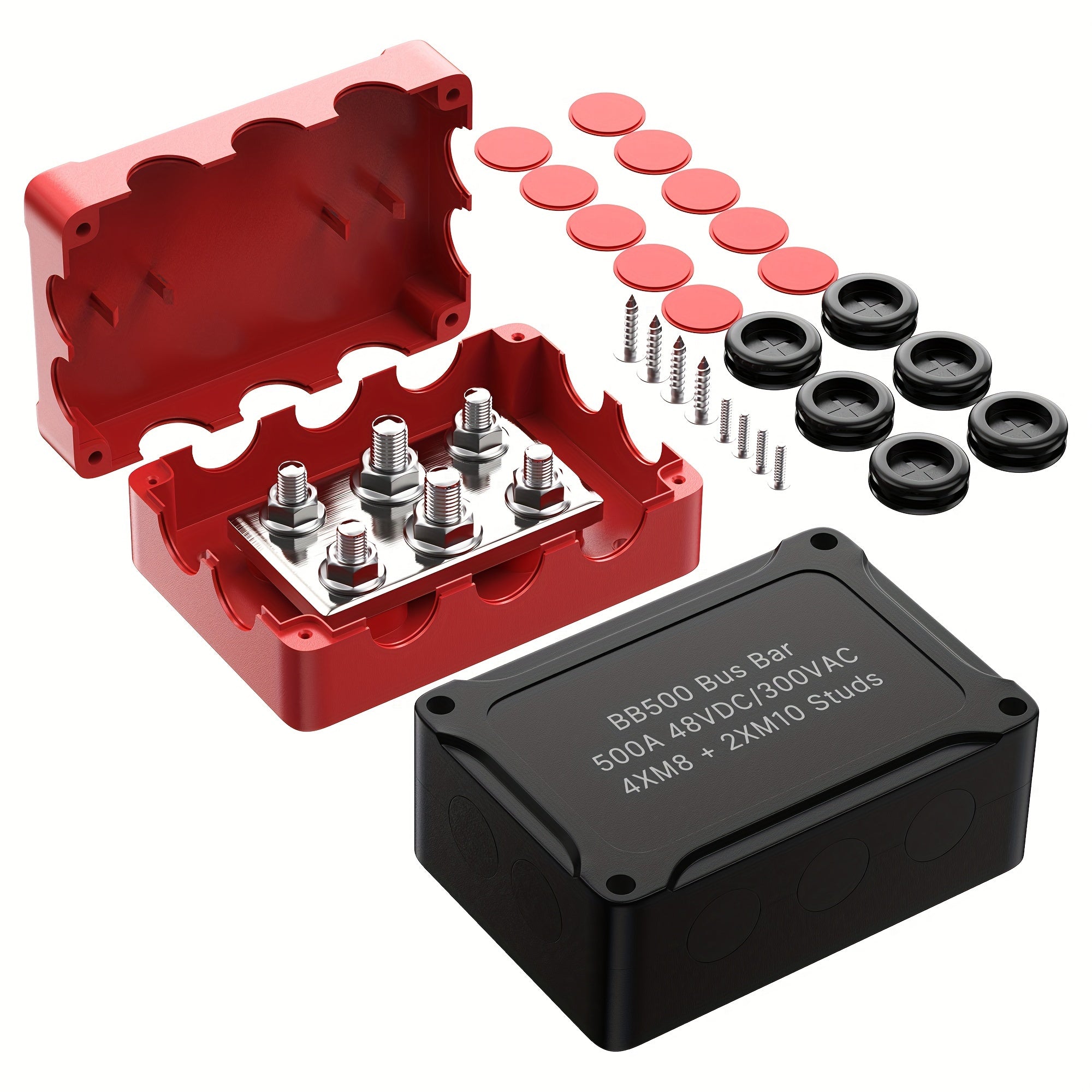 Heavy-duty 500A Busbar Distribution Block, 4 M8 Screws +2 M10 Screws, 12V DC Automotive Marine Battery Terminal Distribution Block With Cover - Negative And Positive Bus Bars