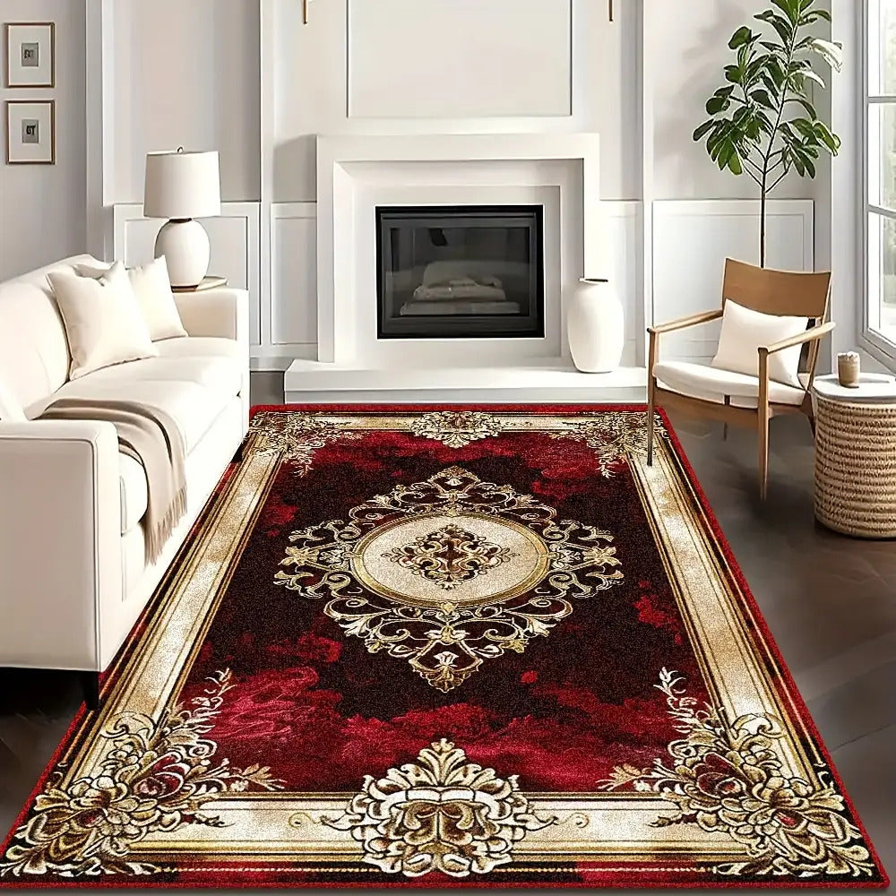 1pc Luxury Large Rectangular Mat - Burgundy & Golden Elegant Design, Soft Flat Weave Area Mat with Non-Slip Rubber Backing, Deep Red/Black/Golden/Beige/Brown Tones for Living Room, Bedroom, Office, Wedding & Father's Day Deco