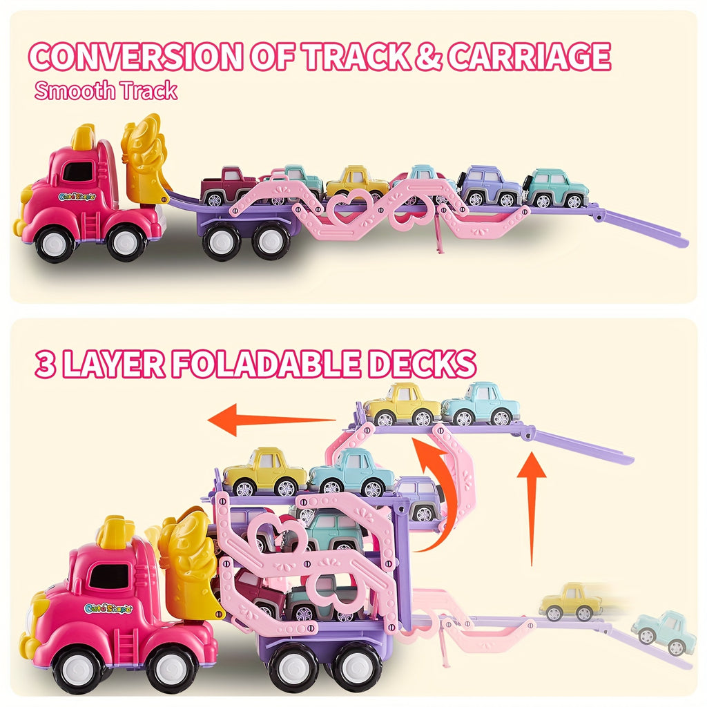 Toddler Car Toys 7-in-1 Pink Princess Foldable Transport Carrier Trucks For Baby | Lights & Music | 3 Layer Transformable Carriage Set | (Bowknot)