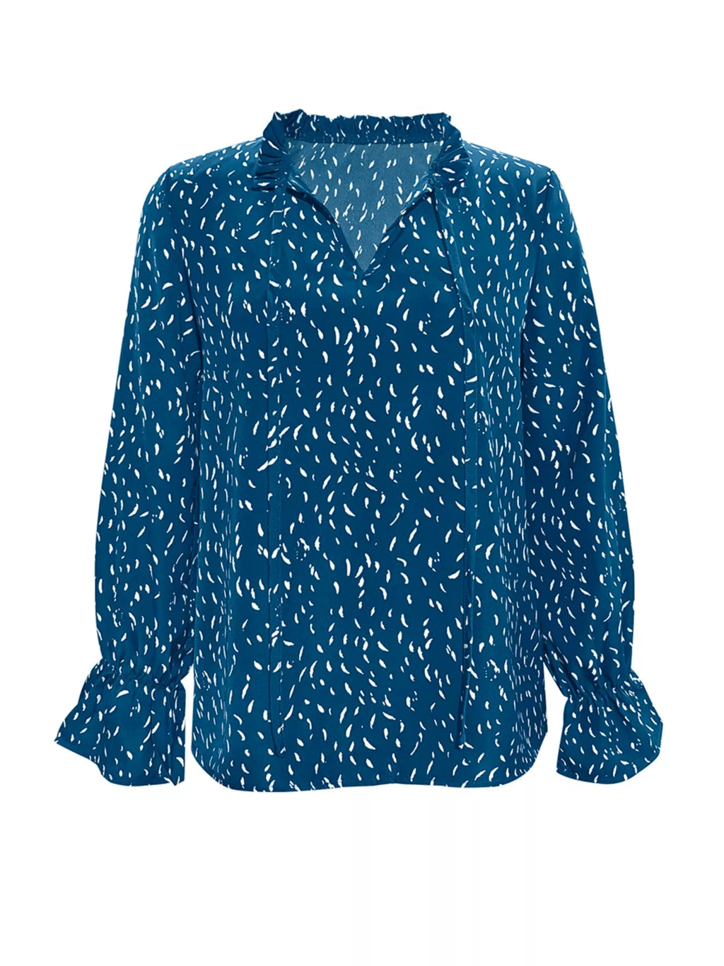 Ruffled Printed Tie Neck Long Sleeve Blouse