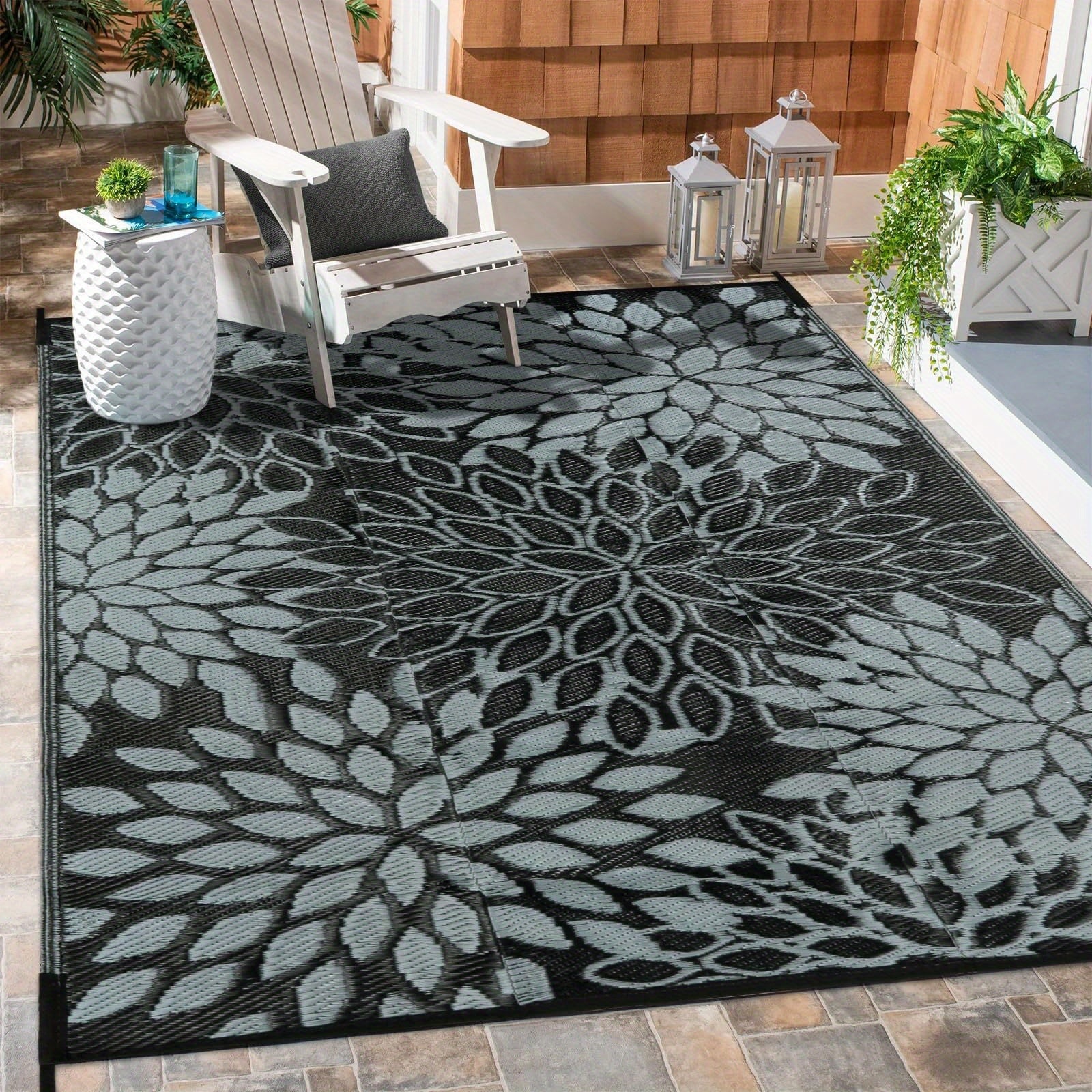 Large High Quality Reversible Tropical Leaf Design Outdoor Mat - Durable Polypropylene All-Weather Patio Mat for RV, Porch, Deck, Balcony & Picnic, Outside Rugs for Patio High Quality, Porch Floor Covering